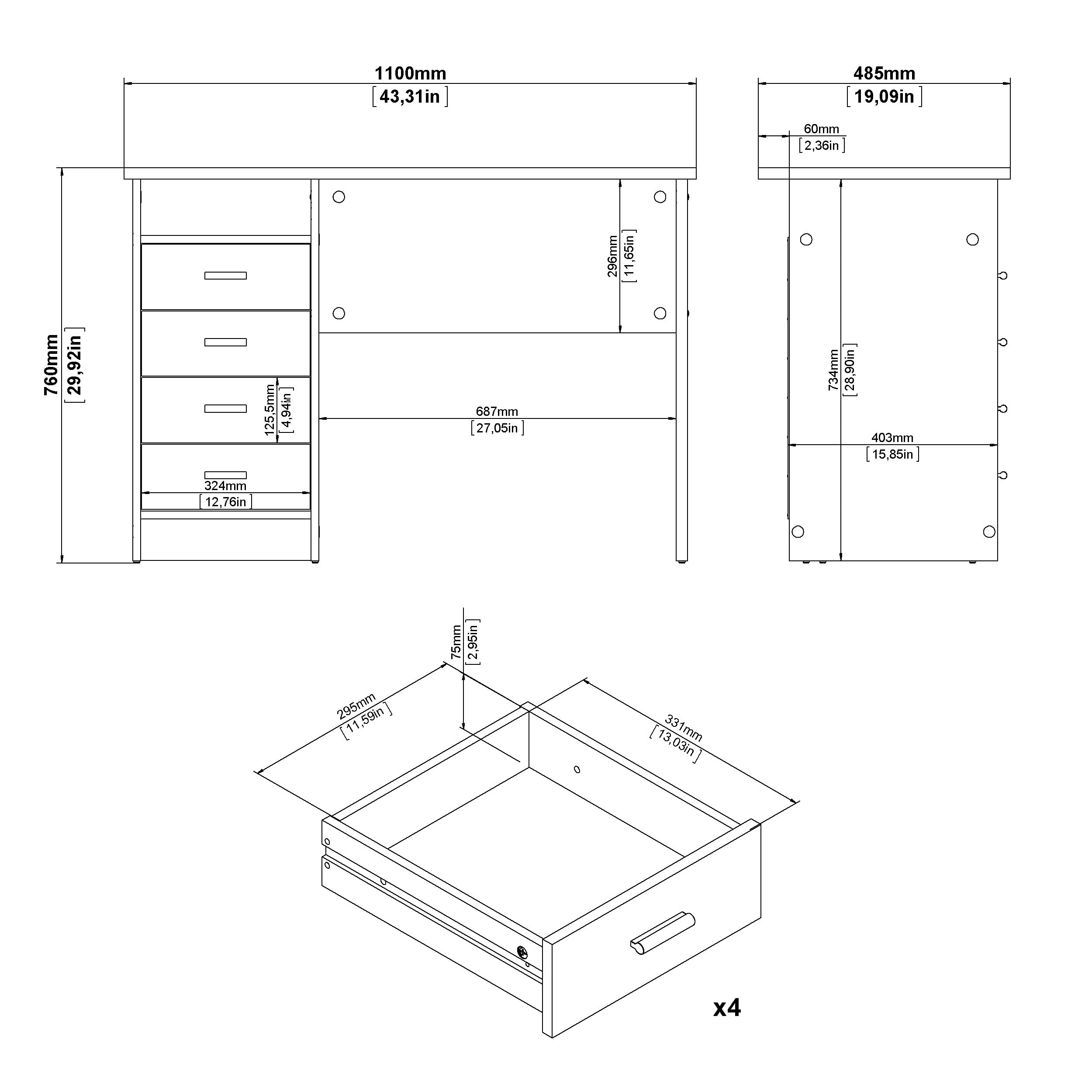 Modern White 4-Drawer Office Desk with Storage - Compact & Functional Writing Desk for Home or Office Workspace - Perfect for Small Spaces, Home Office & Study Rooms