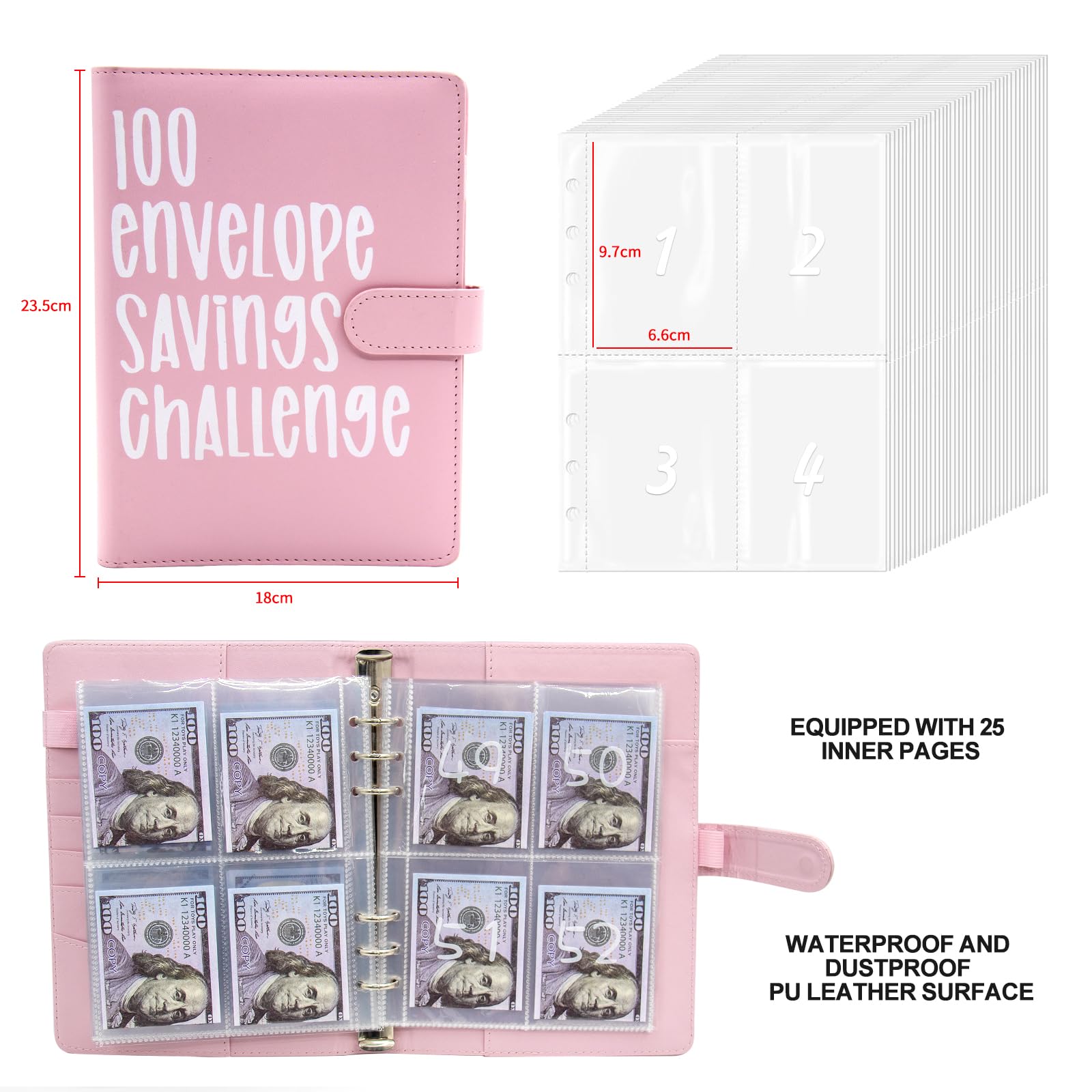 100 Envelopes Challenge Binder - 100 Day Money Saving Challenge Kit with Budget Flipchart & Cash Envelope Wallet | Pink Savings Tracker for Financial Goals | Perfect for Budgeting, Cash Stuffing & Personal Finance Organization