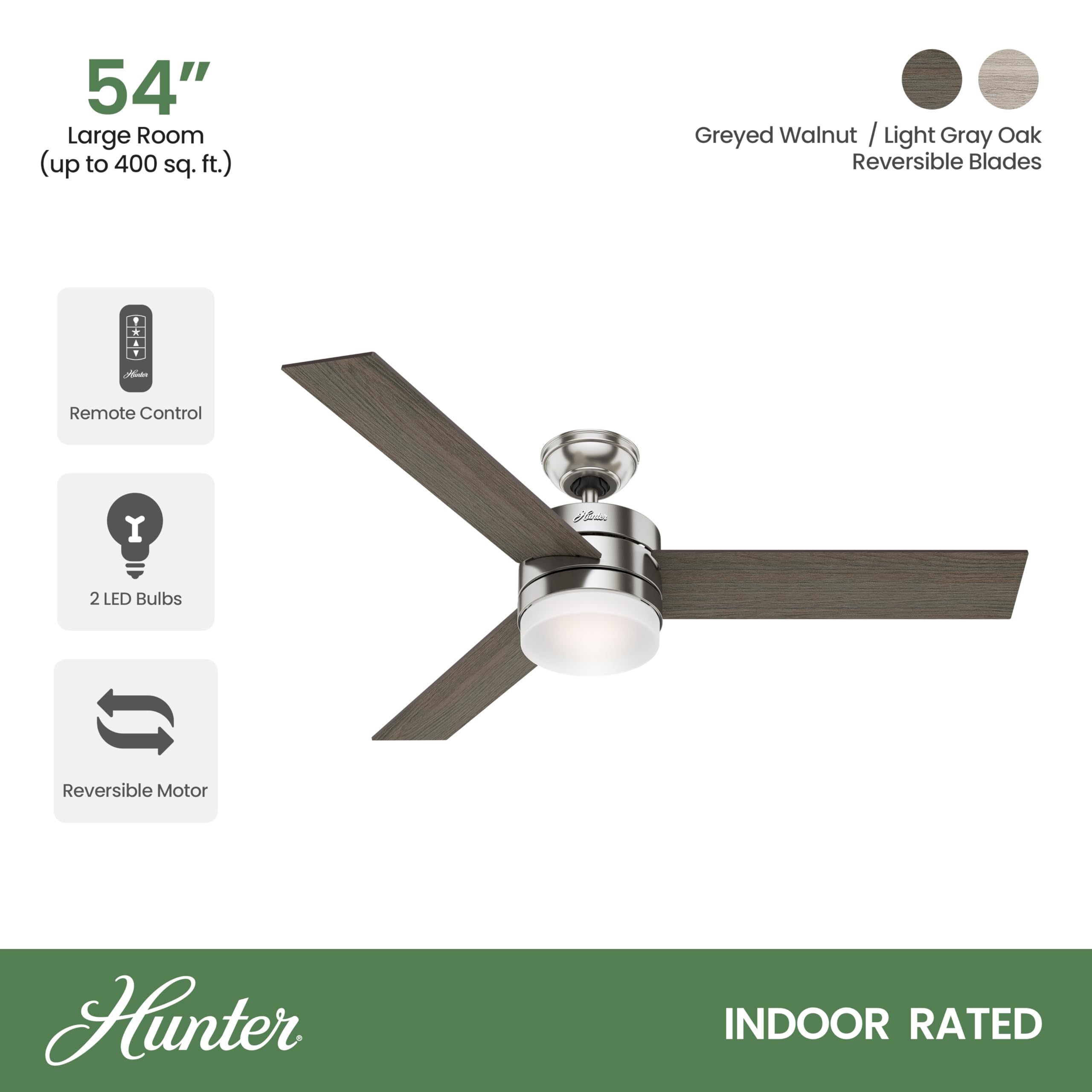 Hunter 54 Inch Modern Ceiling Fan with Remote Control, Brushed Nickel Finish - Energy Efficient Quiet Operation for Living Room, Bedroom, Office (Renewed)
