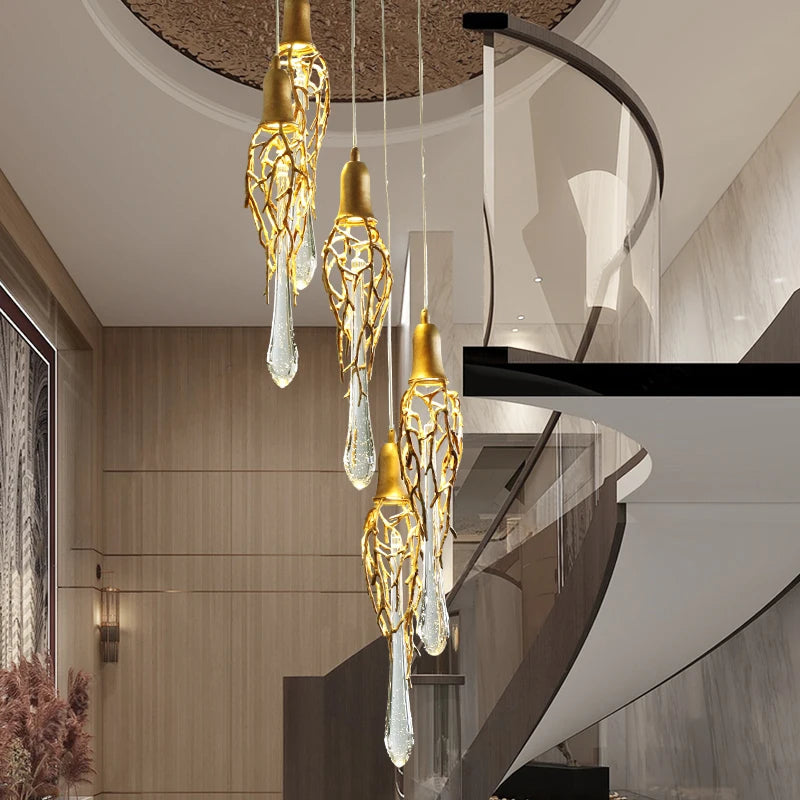 Modern Crystal Glass Drop Chandelier - Elegant Staircase Lighting Fixture for Home & Hotel Decoration | Perfect for Living Room, Dining Room, Foyer and Stairwell