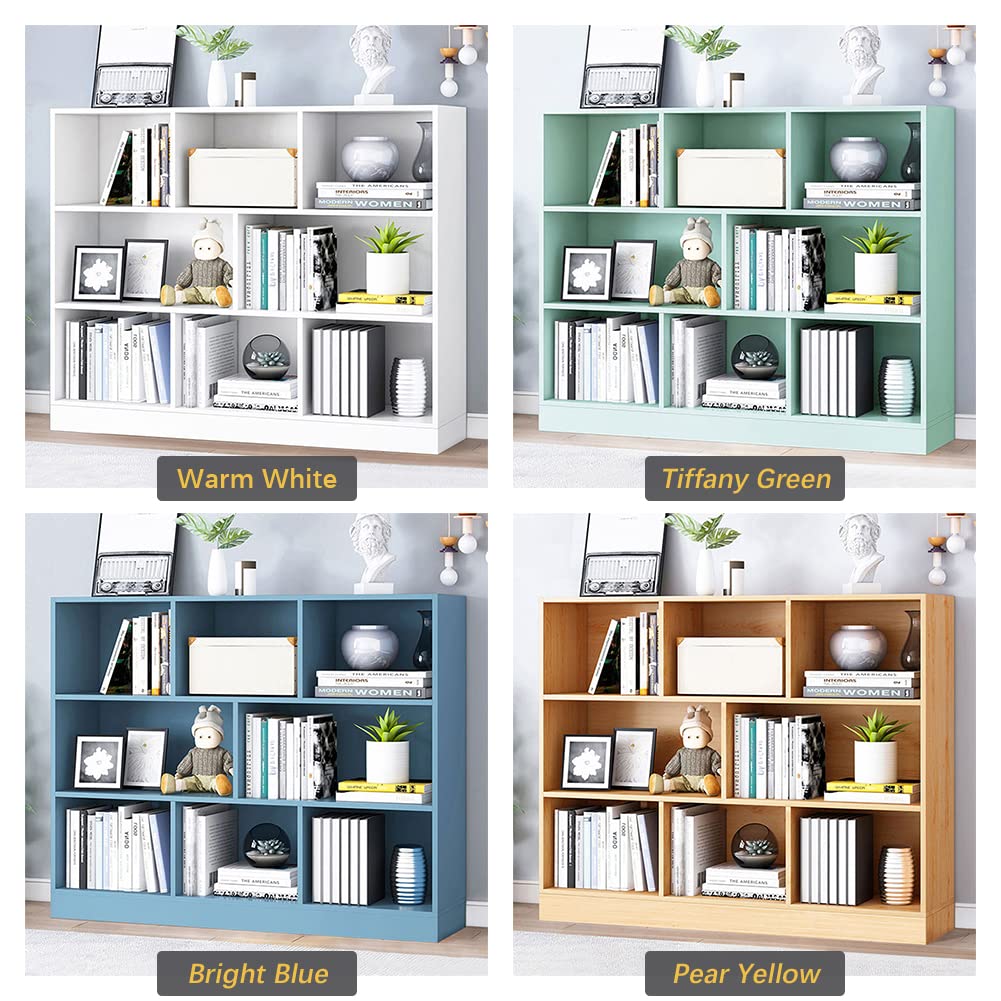 IOTXY 3-Tier Open Shelf Wooden Bookcase - Floor Standing Display Cabinet with 8 Cubes, Short Horizontal Bookshelf Organizer in Bright Blue - Perfect for Living Room, Bedroom, Office & Dorm Storage