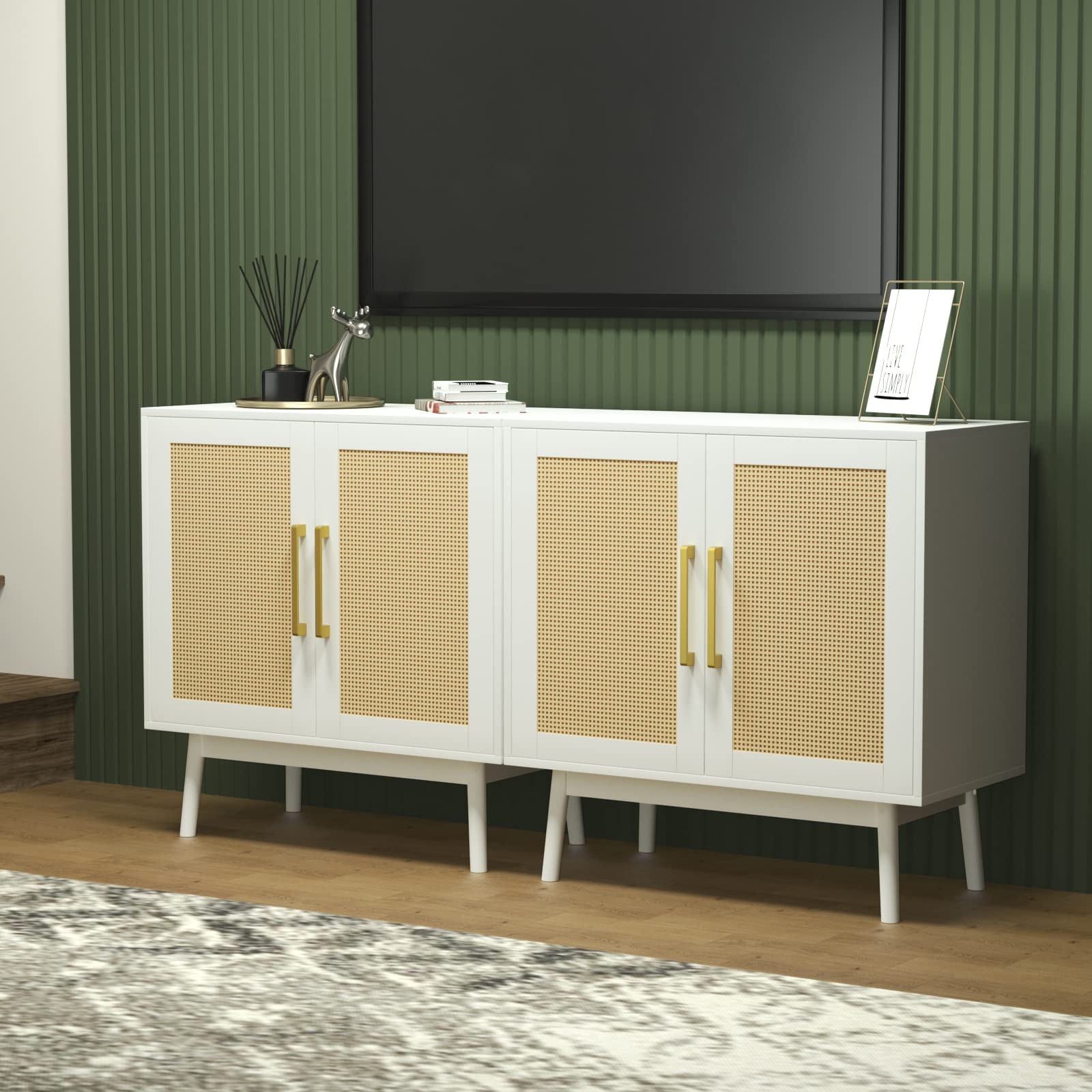 JOZZBY 2-Piece White Rattan Sideboard Buffet Cabinet Set with Adjustable Shelves - Farmhouse Dining Room & Hallway Storage Furniture for Home Decor