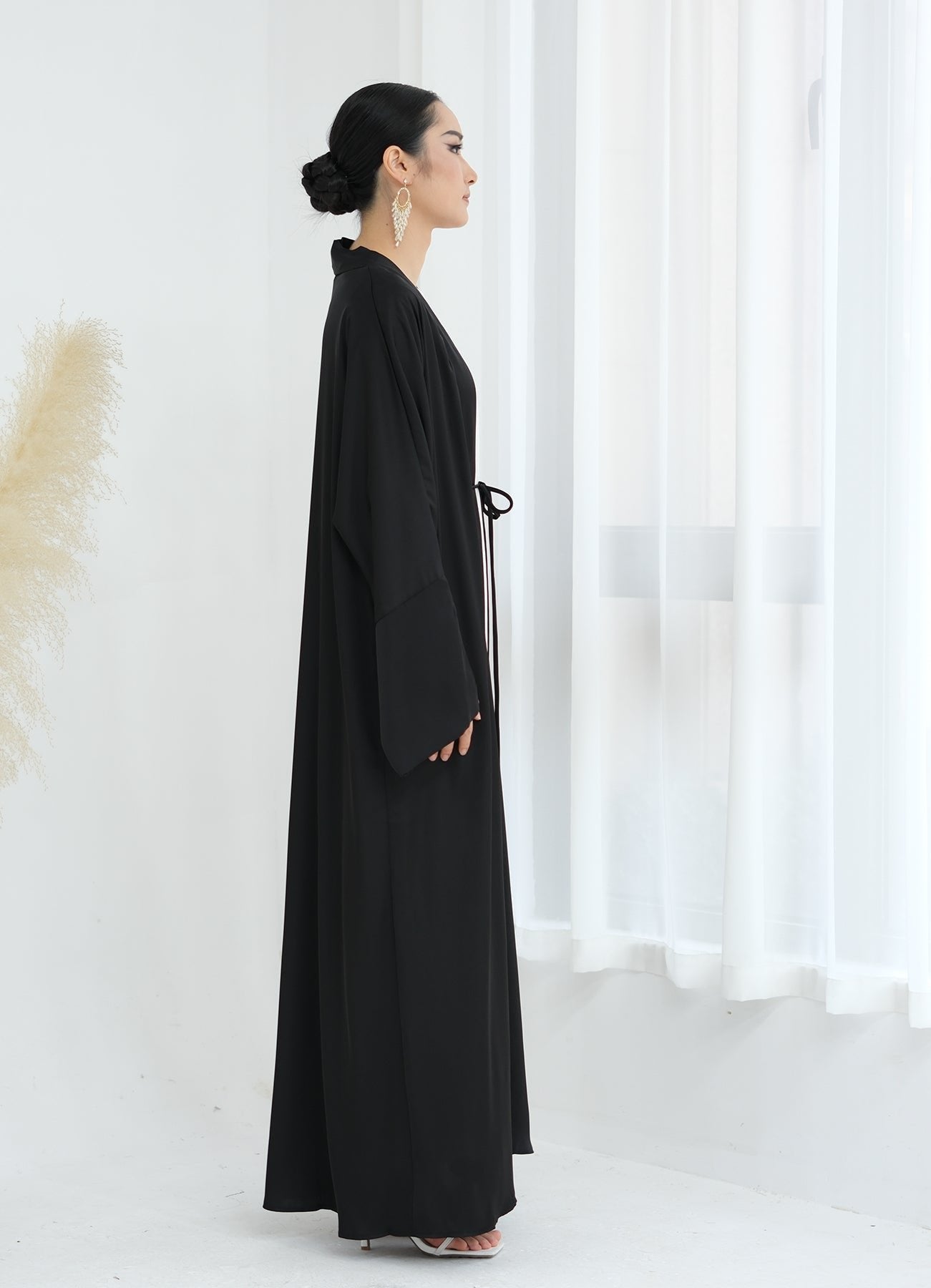 Lavinia Satin Open Abaya Dress for Women - Elegant Muslim Abaya Robe - Black Islamic Prayer Dress for Mosque, Eid & Special Occasions