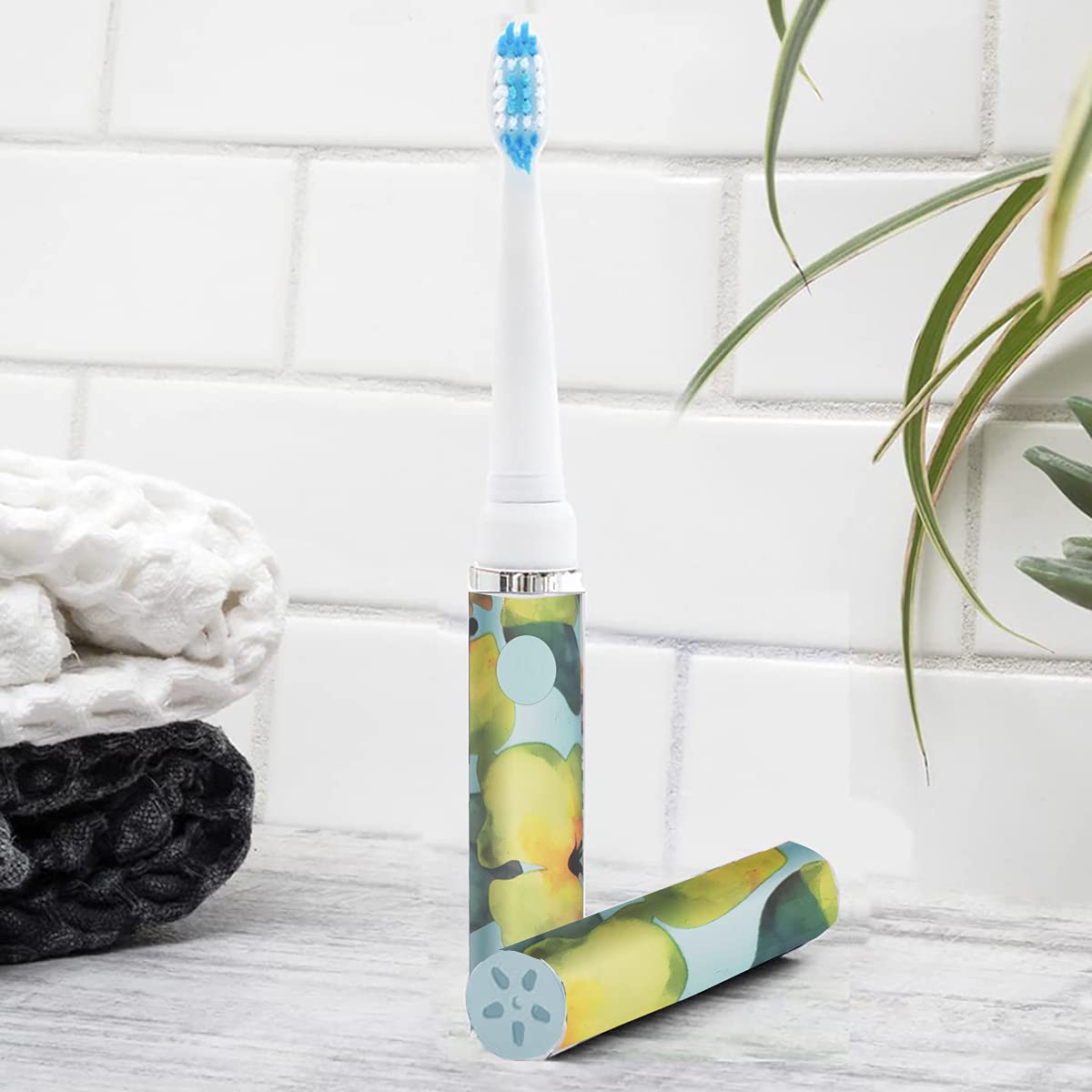 Pop Sonic Electric Toothbrush for Kids & Travel - Blue Watercolor Design, 2 Speed Modes (15,000-30,000 Strokes/Min), Dupont Nylon Bristles, Battery Powered - Perfect for Home, School & Vacation Use