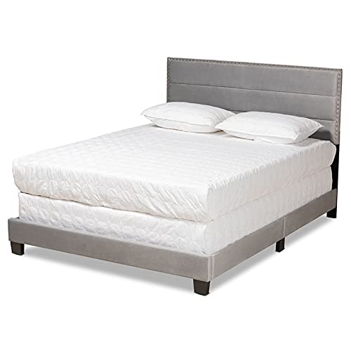 BOWERY HILL Modern Grey Upholstered Queen Size Panel Bed Frame with Headboard - Luxurious Fabric Upholstery for Bedroom, Guest Room & Master Suite