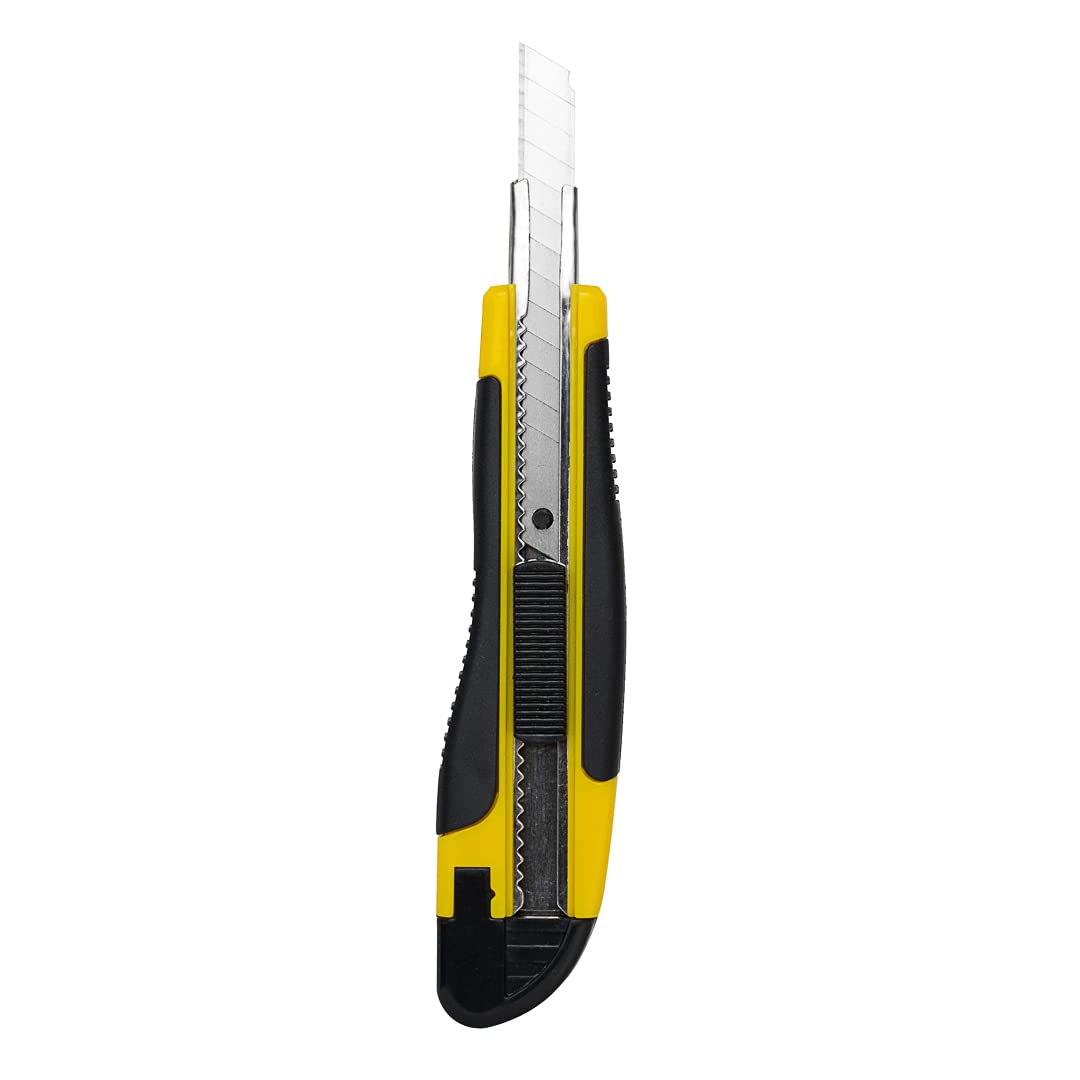 Handy Tek 5.3 Inch Retractable Utility Knife Set of 4 - Snap-Off Blades with Built-In Safety Lock, Heavy Duty Sharp Breakaway Knives for Restaurant, Kitchen, Office & DIY Projects - Yellow Plastic Handle Box Cutter