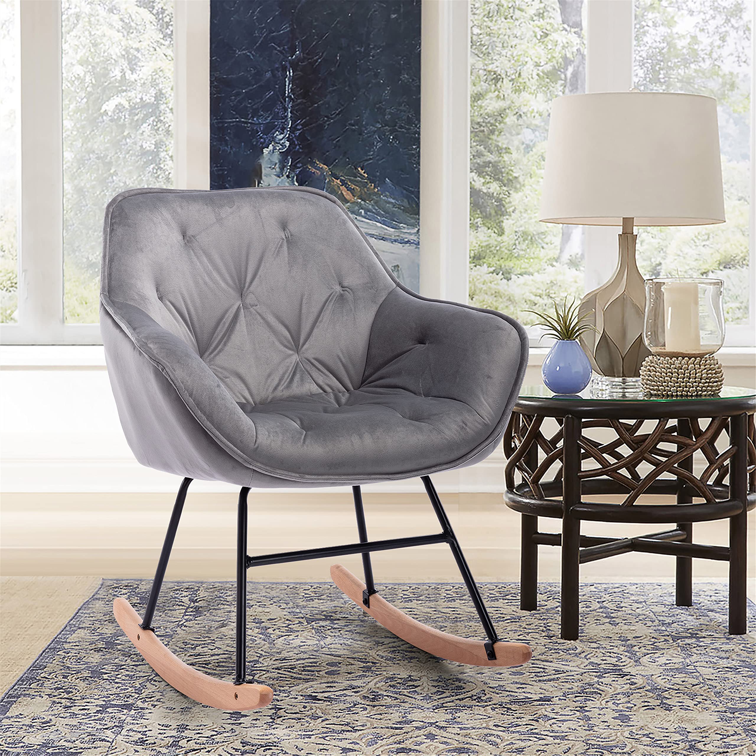 Modern Velvet Accent Rocking Chair - Soft Gray Nursery Rocker for Living Room & Bedroom | Cozy Seating for Nursing, Reading & Relaxing