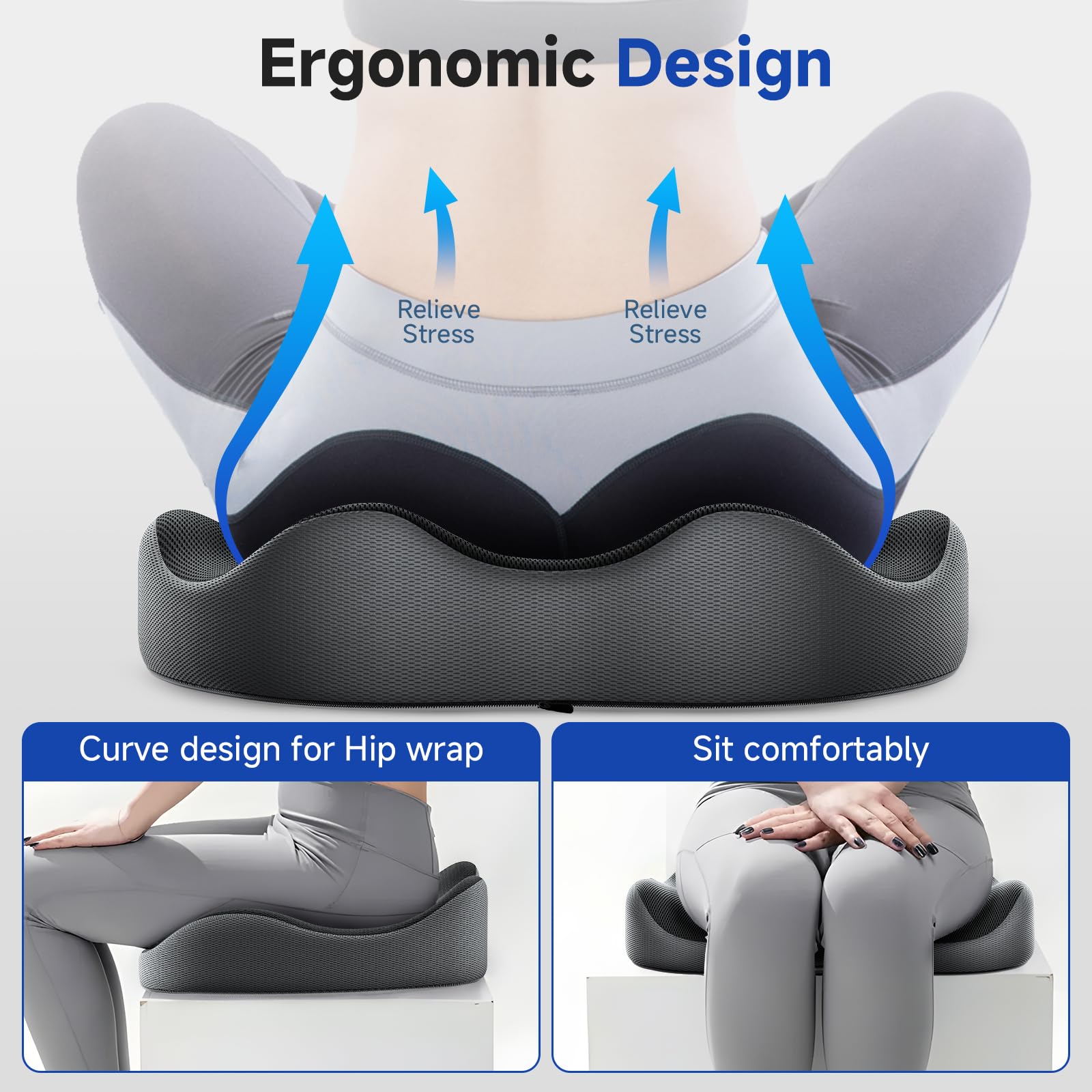 Benazcap Memory Foam Office Chair Cushion - Ergonomic Seat Cushion for Sciatica & Tailbone Pain Relief - Comfortable Support for Long Sitting, Gaming Chairs & Car Seats (Black & Gray) - Perfect for Home Office, Work, Driving & Gaming