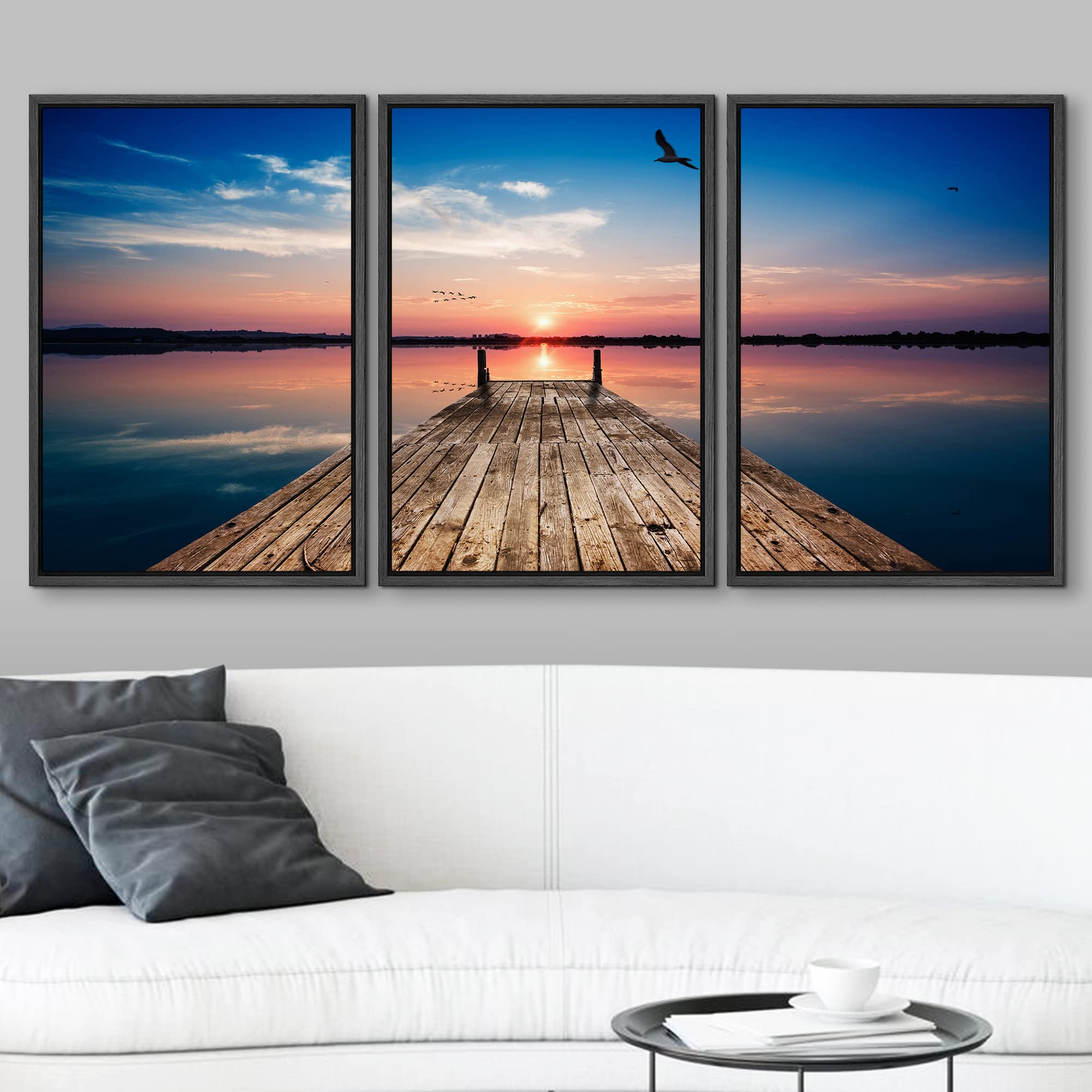 Wall26 Sunset Wooden Pier Framed Canvas Wall Art - 16x24 Inches, Black Wood Frame - Perfect for Living Room, Bedroom & Office Decor