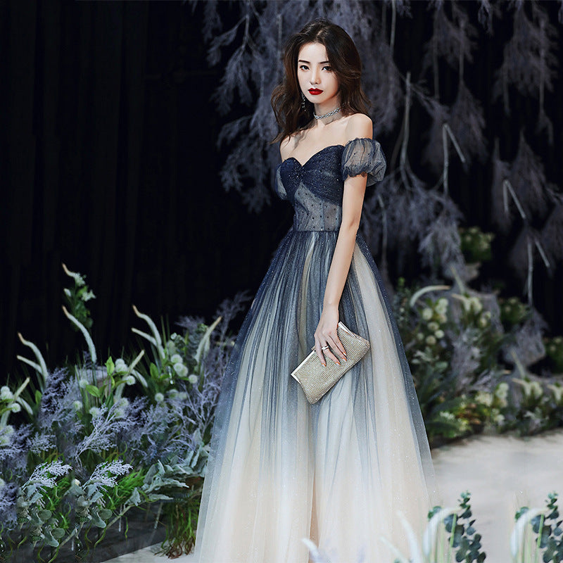 Gradient Blue A-Line Long Prom Dress with Off-Shoulder Neckline - Elegant Formal Evening Gown for Women (Size 130) - Perfect for Homecoming, Prom Night & Black Tie Events