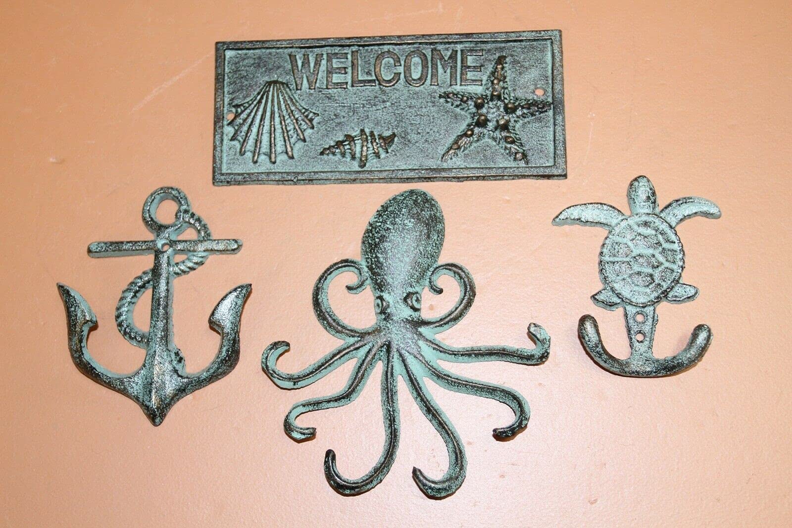 Cast Iron Sea Turtle Octopus Nautical Anchor Coat Hooks Set - Rustic Coastal Wall Decor for Entryway, Bathroom, or Beach House