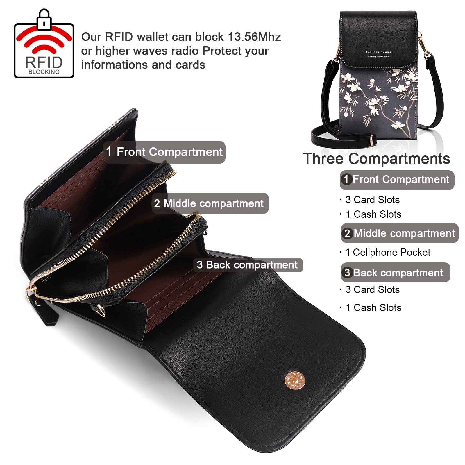 APHISON Women's Leather Crossbody Phone Purse with Butterfly Design - Stylish & Secure Cell Phone Bag for iPhone, Samsung - Perfect for Shopping, Travel & Daily Use