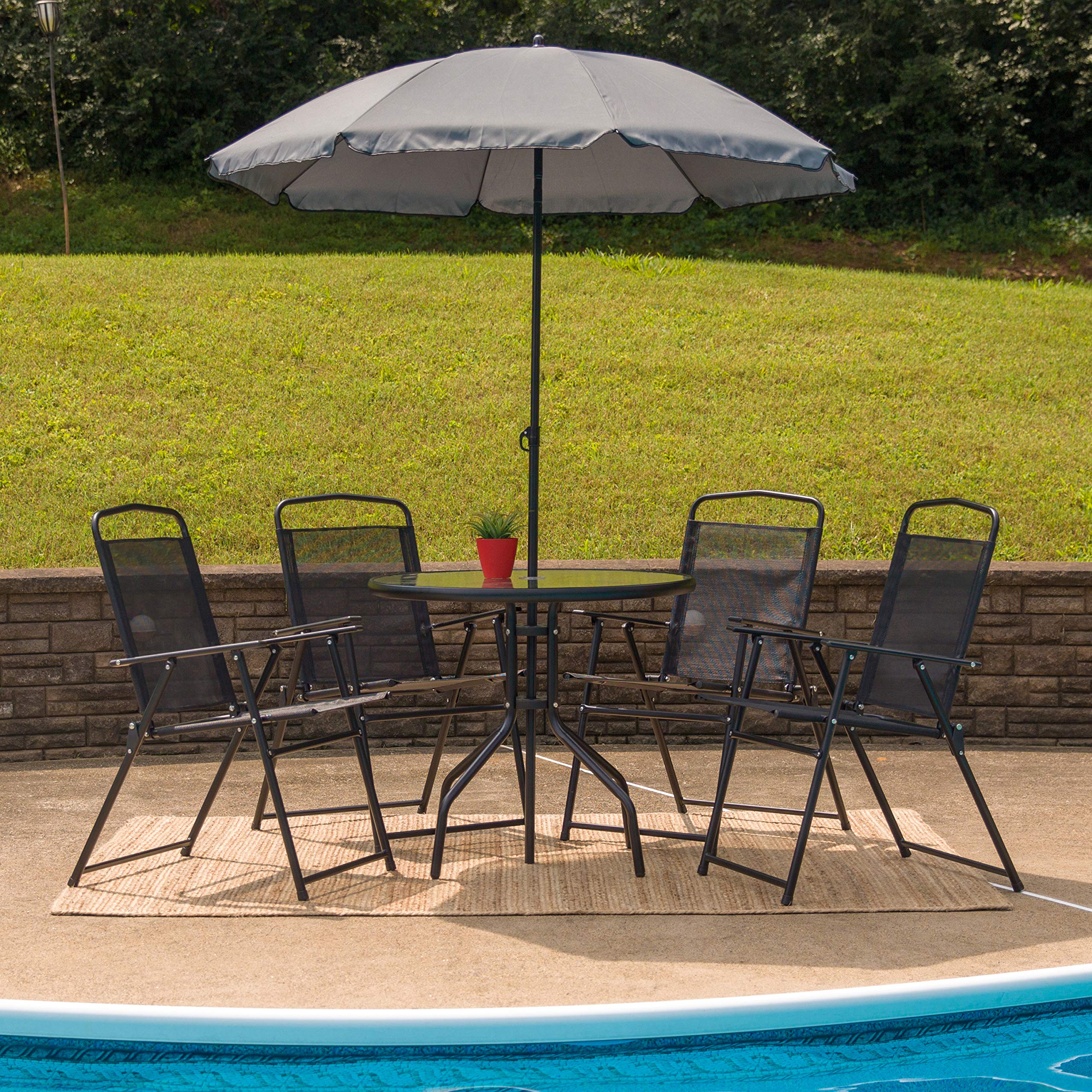 Emma & Oliver 6-Piece Black Patio Furniture Set with Umbrella Table & 4 Folding Chairs - Outdoor Garden, Backyard, Poolside Dining & Relaxation Set