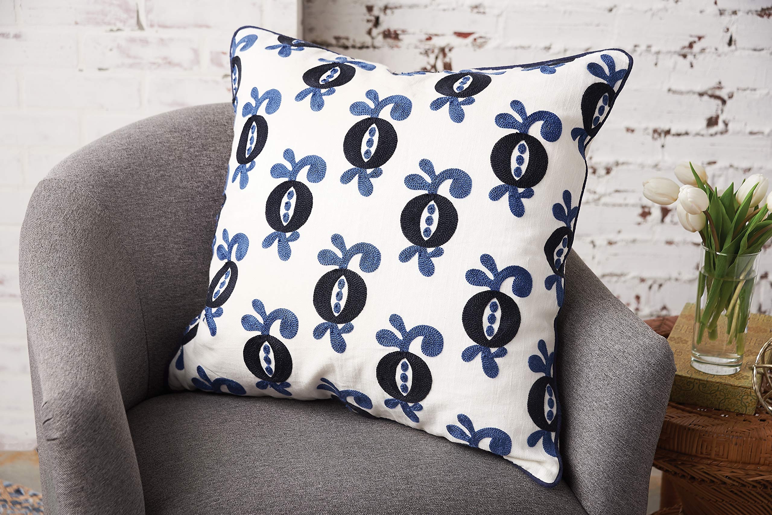 Carol & Frank Colonial Williamsburg Georgie Chain Stitch Decorative Throw Pillow 22x22 Inches - Indigo Blue Cotton Cushion Cover for Sofa, Bed & Home Decor