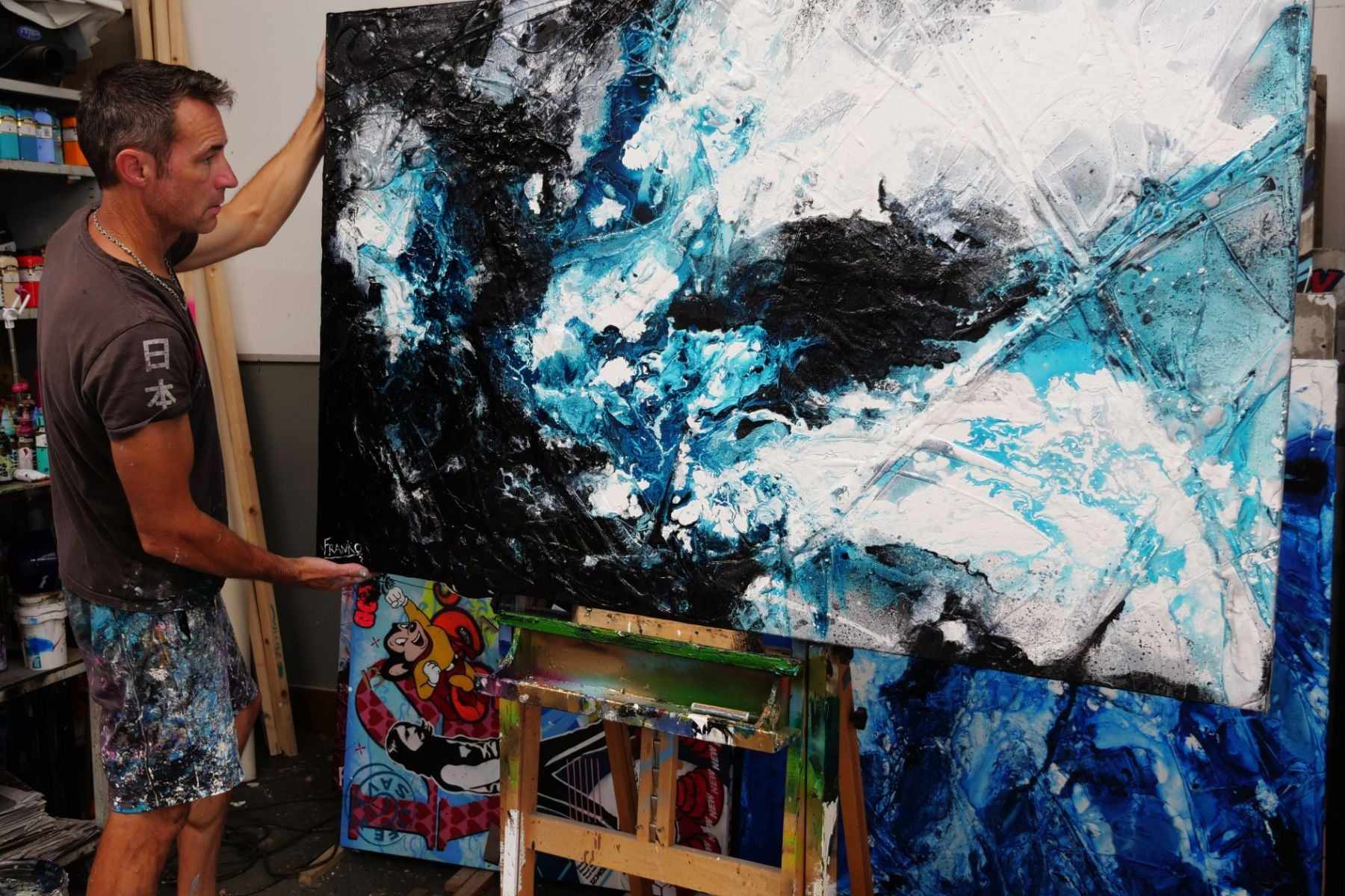 140cm x 100cm Moody Southern Ocean Abstract Textured Painting - Black Turquoise White Canvas Wall Art for Living Room, Bedroom & Office Decor