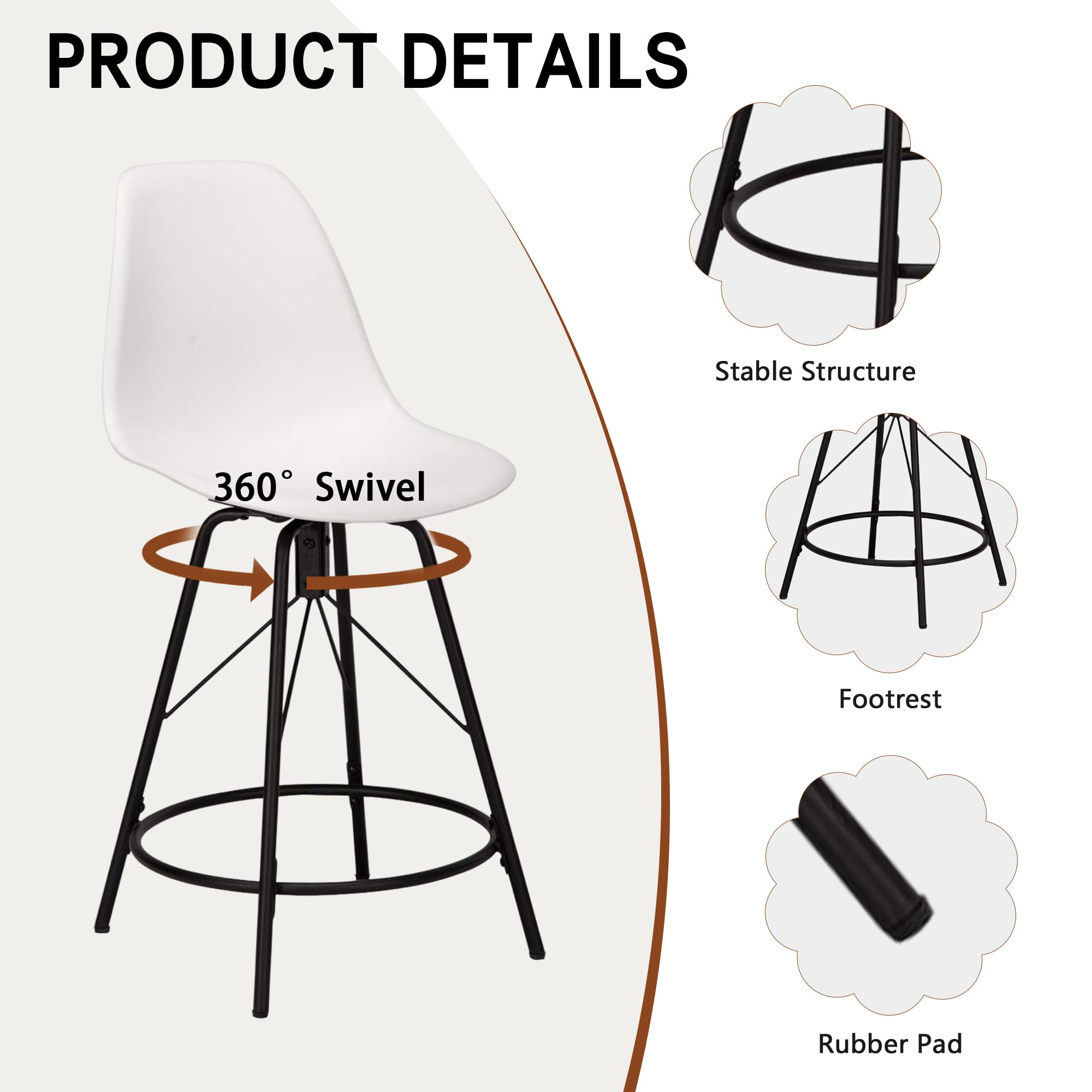 Mid Century Modern Swivel Bar Stools Set of 4 - 30 Inch Counter Height Armless Bar Chairs with Backrest in White - Perfect for Kitchen Islands, Breakfast Bars & Home Bars