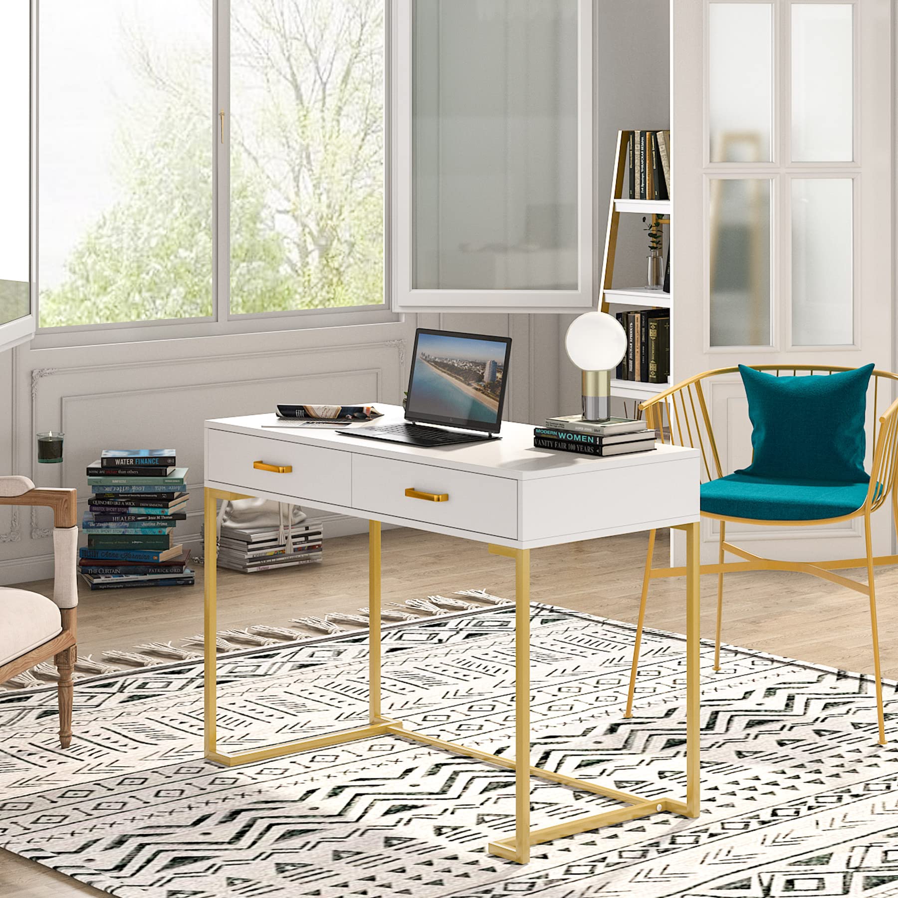Tribesigns Modern White and Gold Computer Desk with 2 Drawers - Wood Top & Metal Frame, Home Office Writing Desk for Small Spaces, Bedroom or Study - Perfect for Remote Work, Online Classes & Gaming Setup