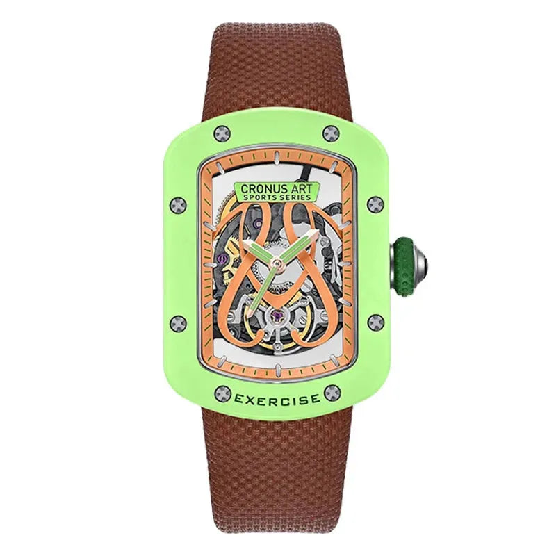 CRONUSART Women's Automatic Mechanical Watch - 29mm x 41mm Tonneau Case, Luminous Hollow Dial, Fluororubber Strap - Elegant Ladies Wristwatch for Business, Party & Daily Wear