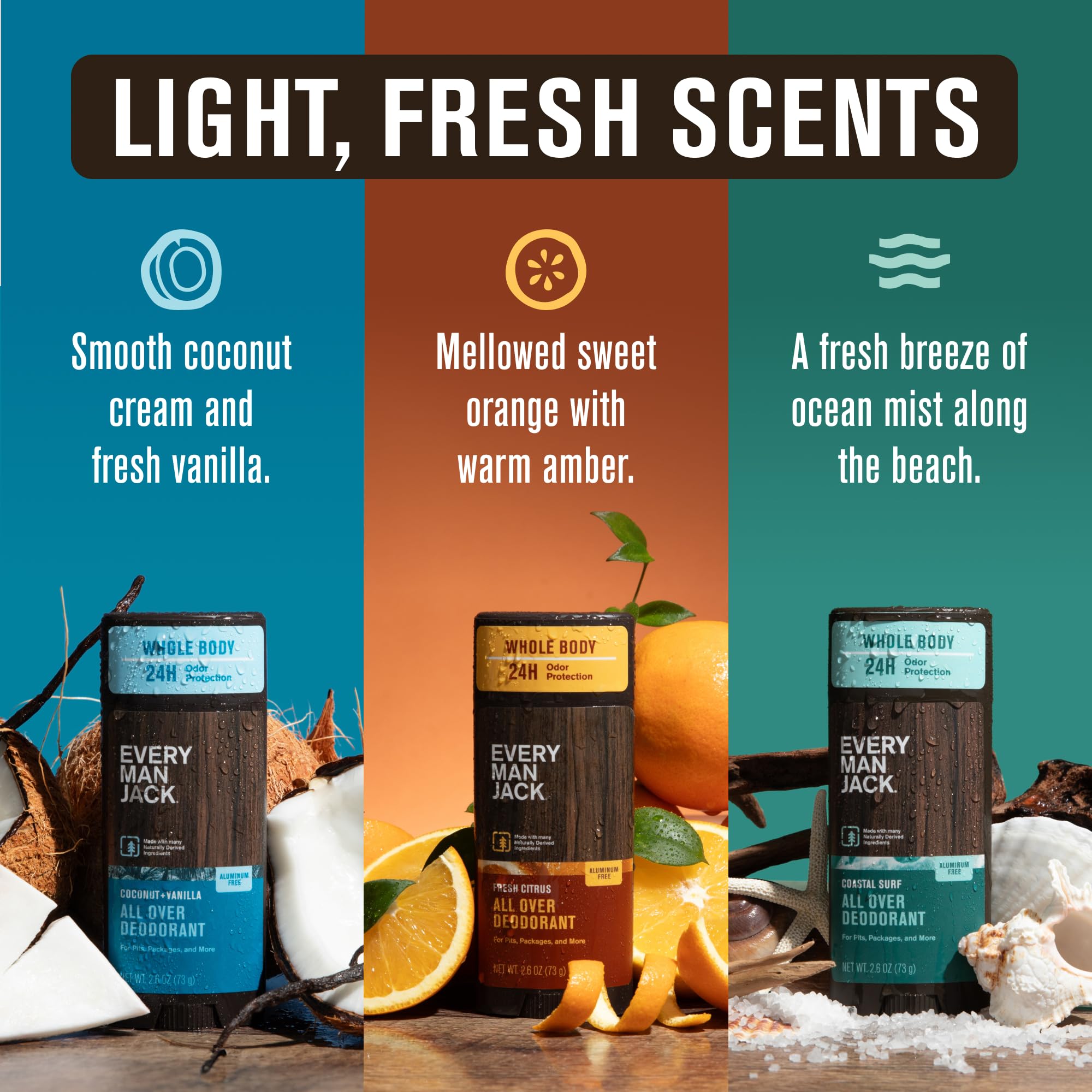 Every Man Jack All Over Deodorant Variety Pack - 24 Hour Aluminum Free Body Odor Protection - 3 Pack (Fresh Citrus, Coastal Surf, Coconut Vanilla) - 2.6 oz Each - Perfect for Gym, Travel & Daily Freshness
