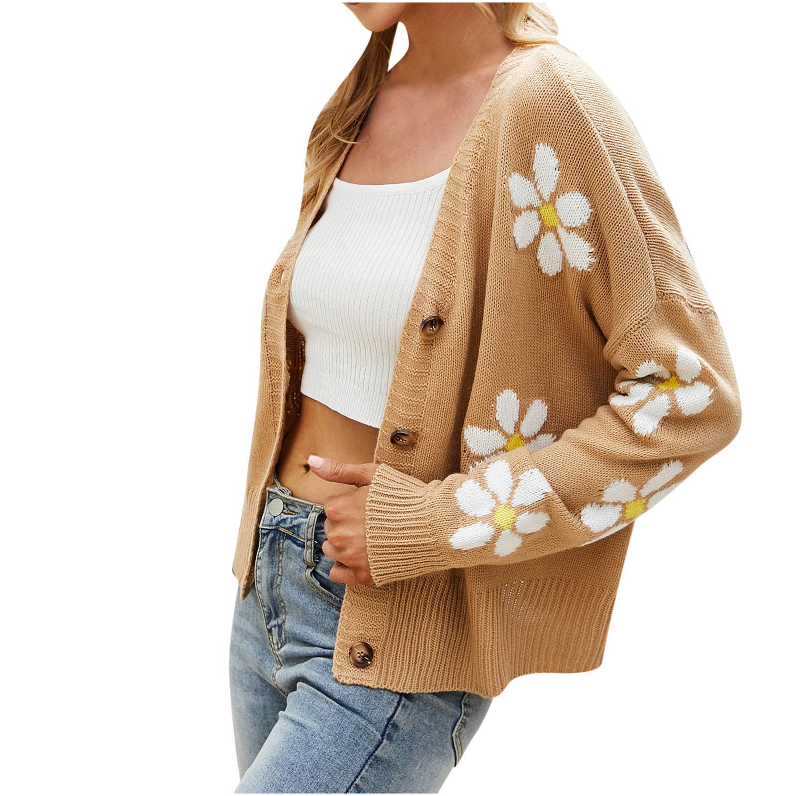 Women's Floral Printed Button Front Cardigan - Long Sleeve Knit Sweater Coat for Casual Wear, Office & Fall Layering