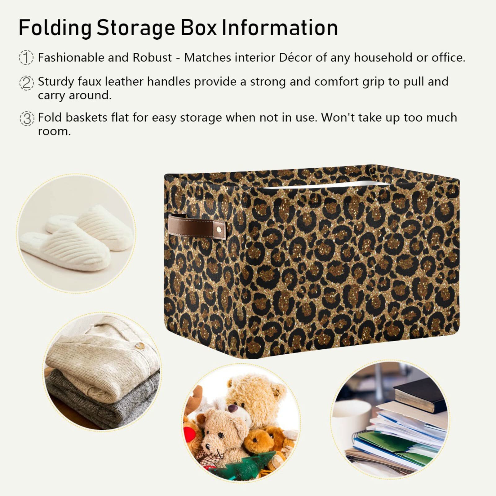 Leopard Print Collapsible Storage Basket with Leather Handles - Foldable Rectangular Storage Bin for Nursery, Kitchen & Bedroom Organization - Perfect for Toys, Blankets & Home Decor Storage
