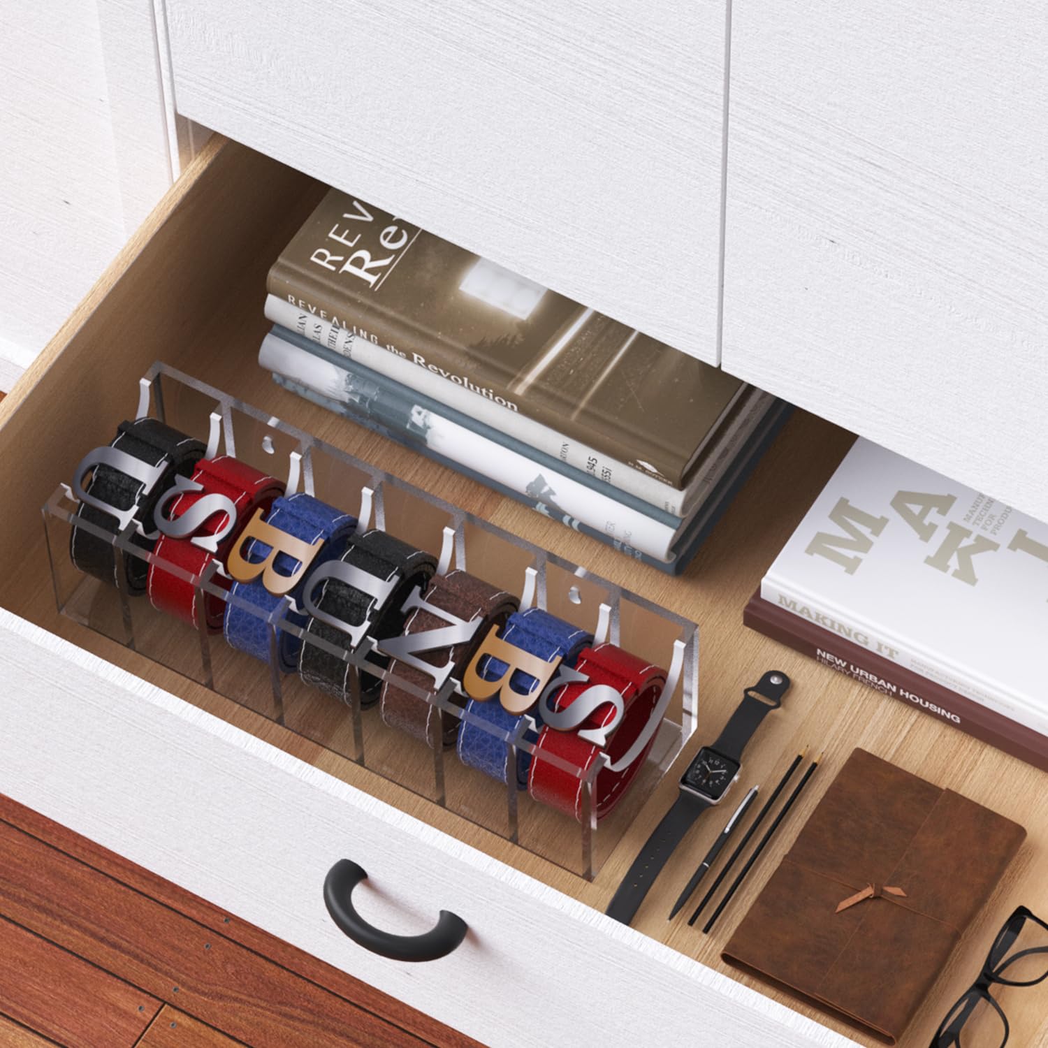 GTI Belt Organizer - 7 Compartment Acrylic Tie & Belt Storage Case for Men & Women - Closet & Drawer Organizer for Neat Accessory Display (Perfect for Home, Office & Travel Organization)