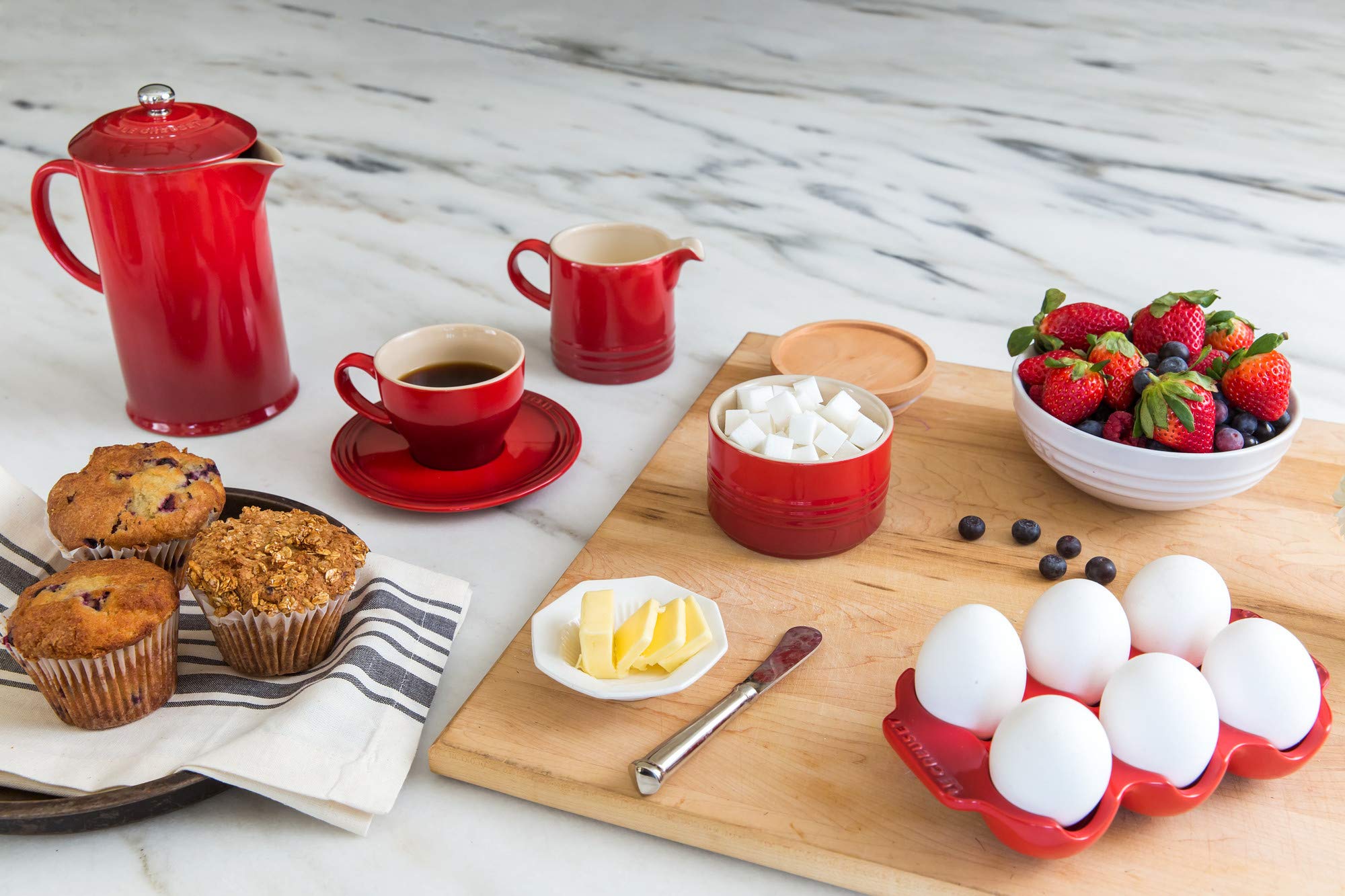 Le Creuset 34 oz Stoneware French Press Coffee Maker - Cerise Red - Perfect for Home, Office & Camping Brewing