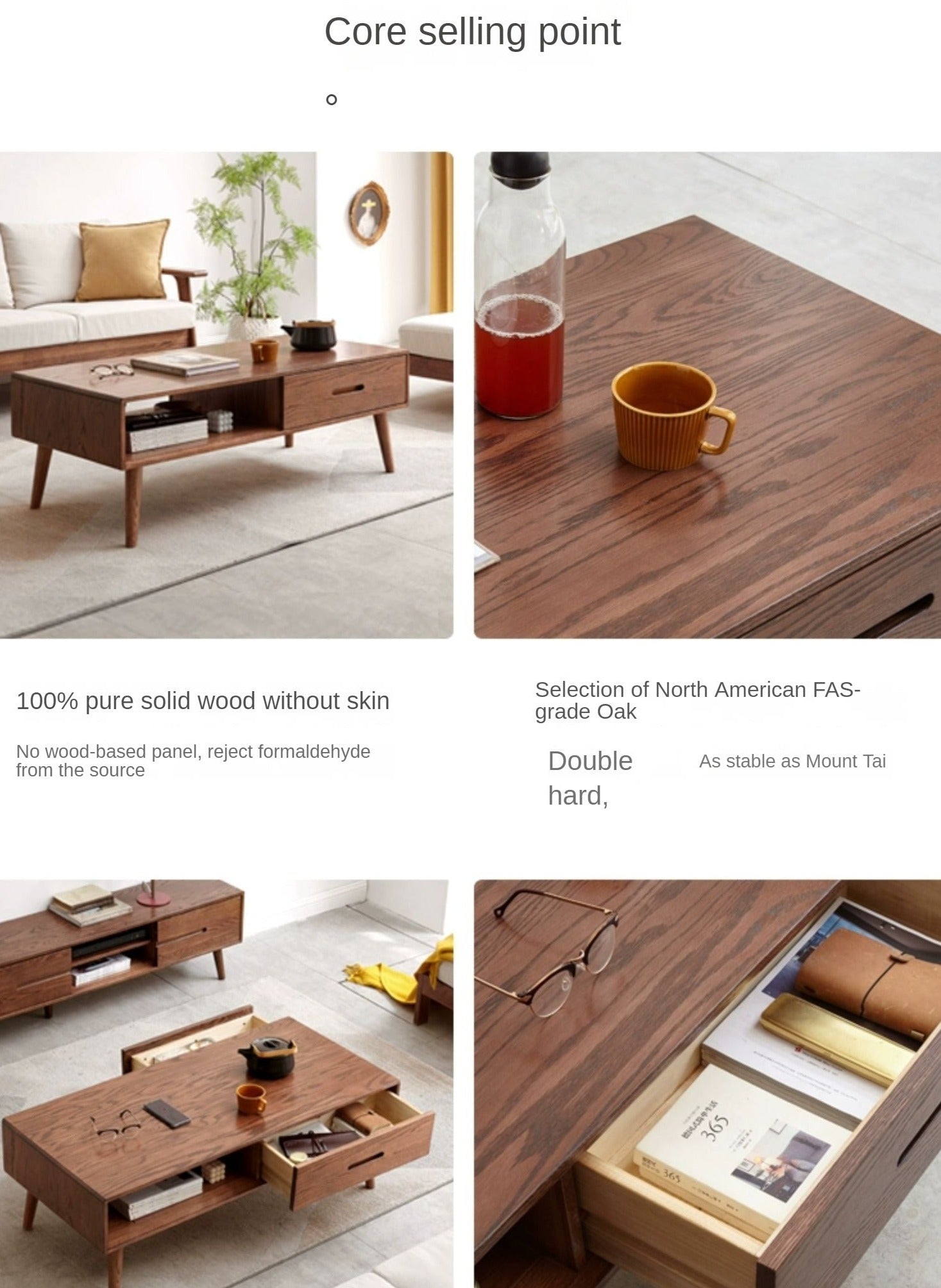 Solid Oak Wood Two-Drawer Coffee Table - Walnut Finish | Rustic Living Room Furniture for Home Decor & Storage