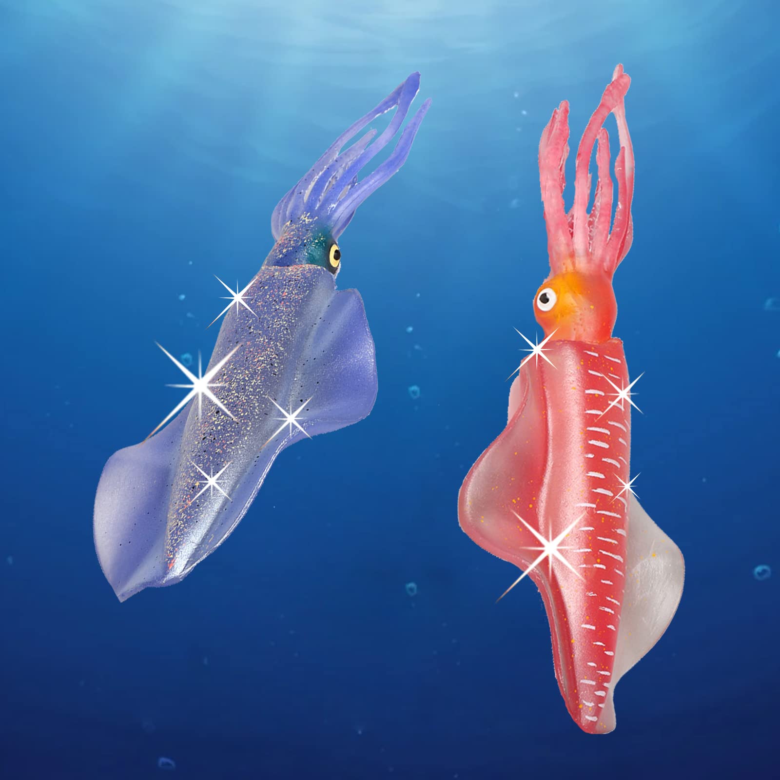 Gemini & Genius 2Pcs Glow in The Dark Squid Toys - Realistic Marine Bioluminescent Cuttlefish Action Figures for Kids | Perfect for Educational Play, Cake Decorations, Swimming Pool & Bathtub Fun, Stocking Stuffers & Ocean-Themed Party Favors