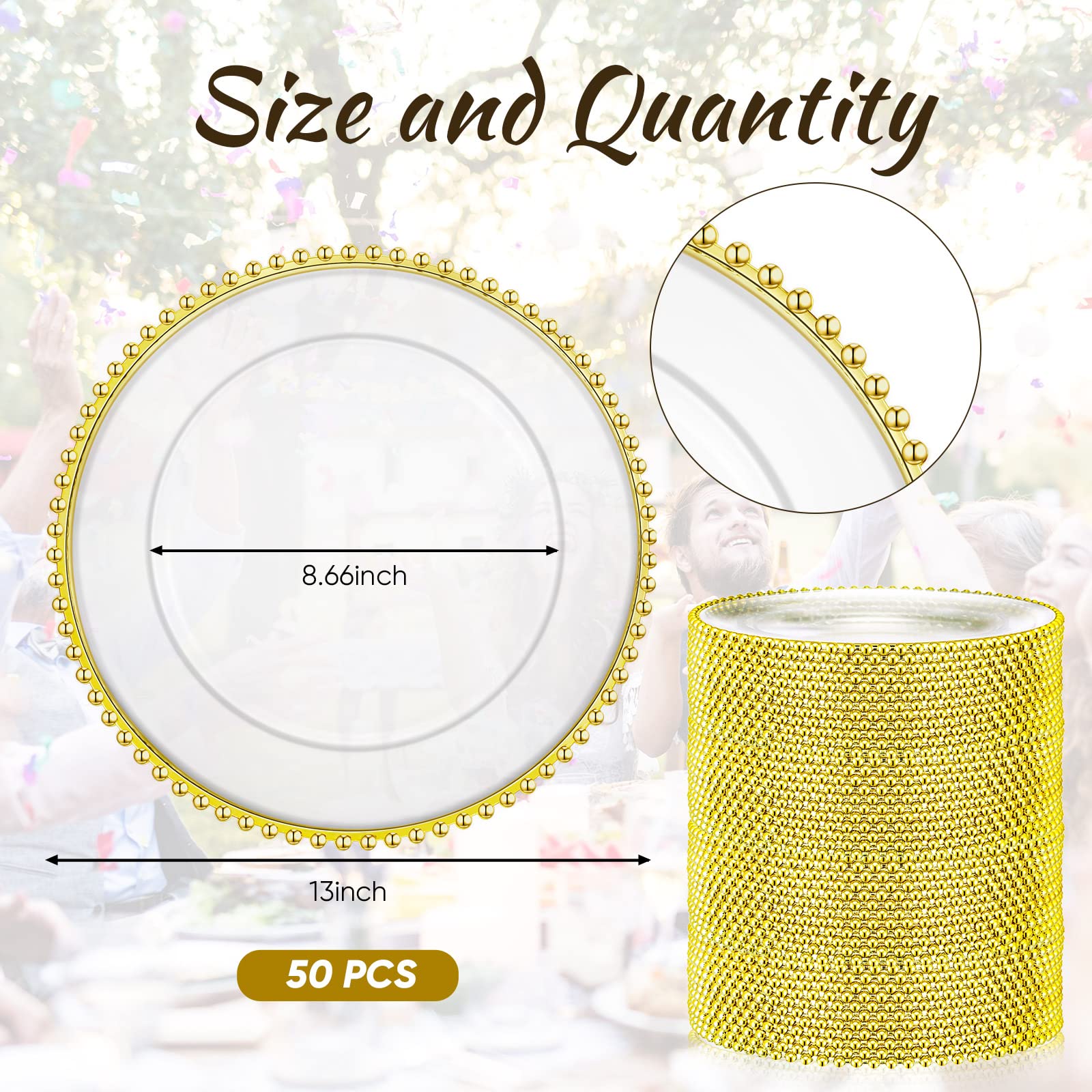 50 Pcs Clear Plastic Charger Plates 13 Inch - Round Beaded Rim Dinner Plates for Wedding, Birthday, Bridal Shower Party - Gold Decorative Tableware for Home & Kitchen Use