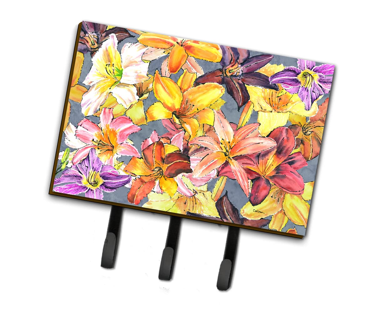 Caroline's Treasures 8892TH68 Wall Mounted Key Holder & Coat Rack - Decorative Day Lilies Design for Hanging Keys, Leashes, Towels, Aprons - Perfect for Entryway, Kitchen, Mudroom Organization