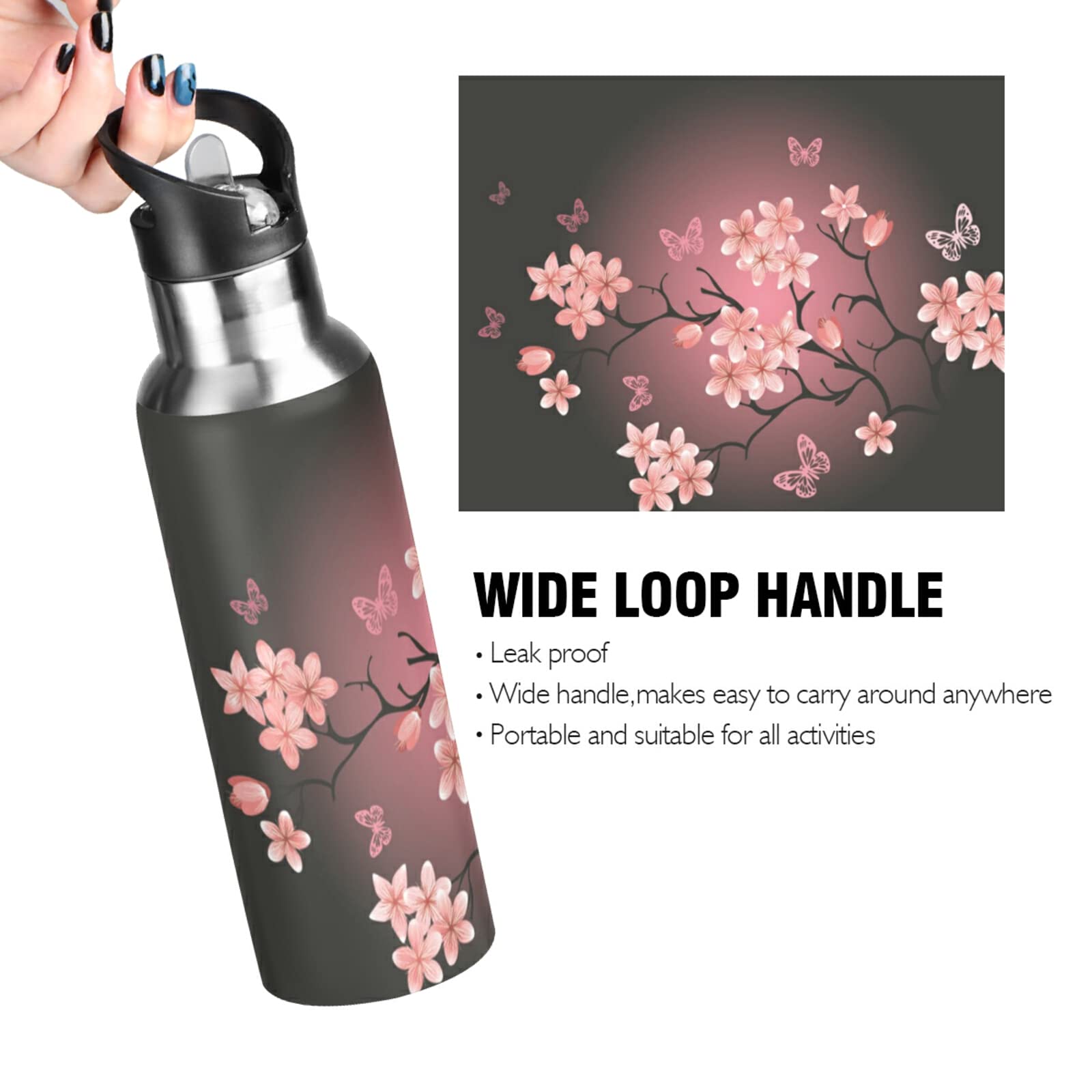 Cherry Blossom Vacuum Water Bottle 32oz - Insulated Stainless Steel Thermo Flask with Straw Lid for Travel & Gym