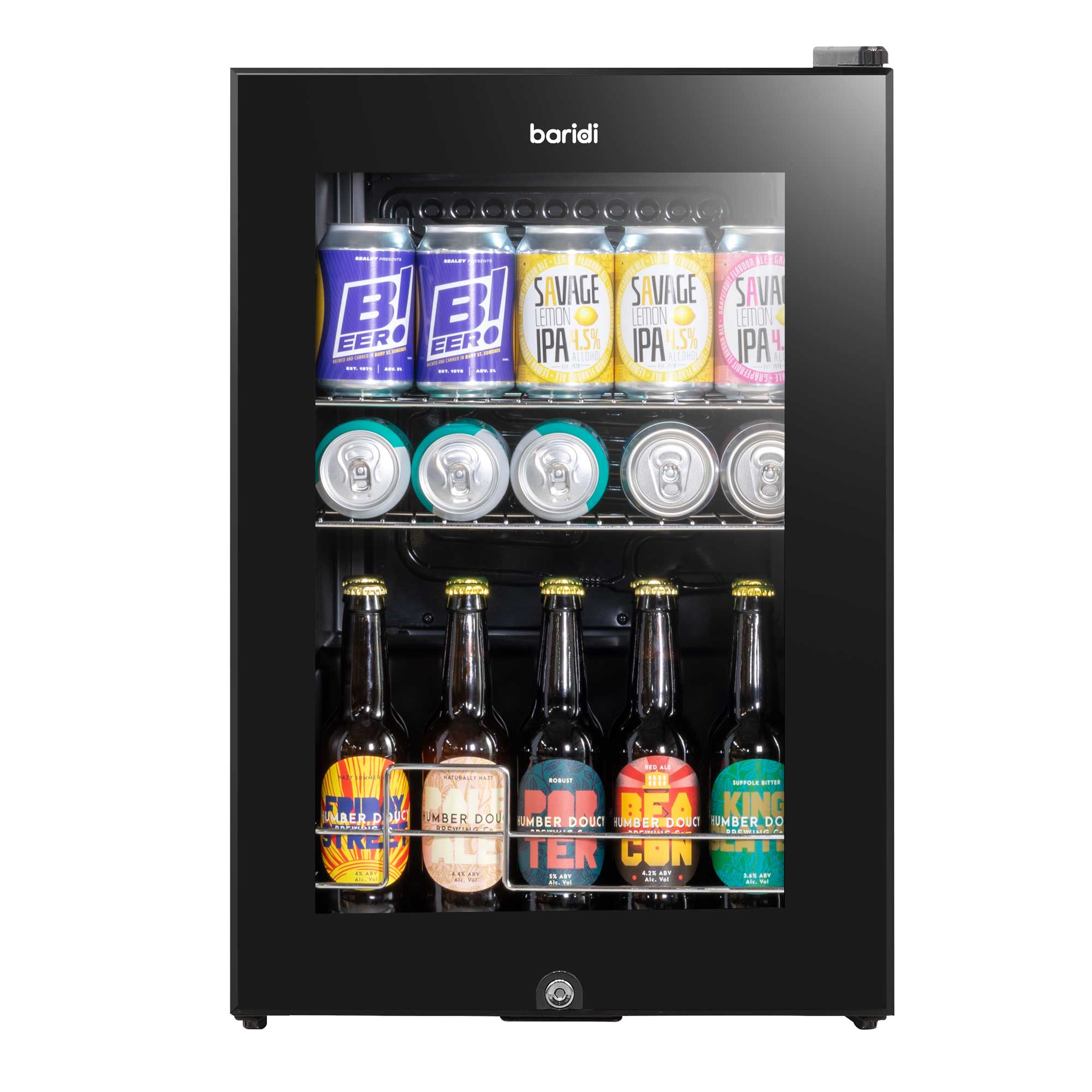 Baridi 60L Beer & Drinks Refrigerator with LED Light - Black Glass Door Mini Fridge for Home, Office, Bar & Party | Energy Efficient Beverage Cooler DH62