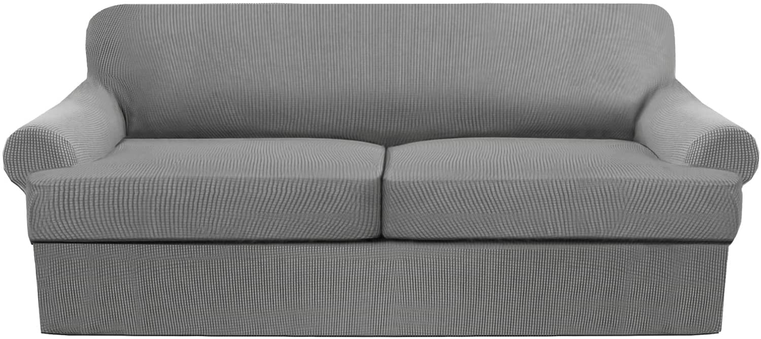 Stretch Sofa Cover 3-Piece Set with 2 T-Cushion Covers - Jacquard Knit Slipcover Furniture Protector for Couches & Sectionals - Light Gray - Perfect for Living Room, Home Decor & Pet Protection