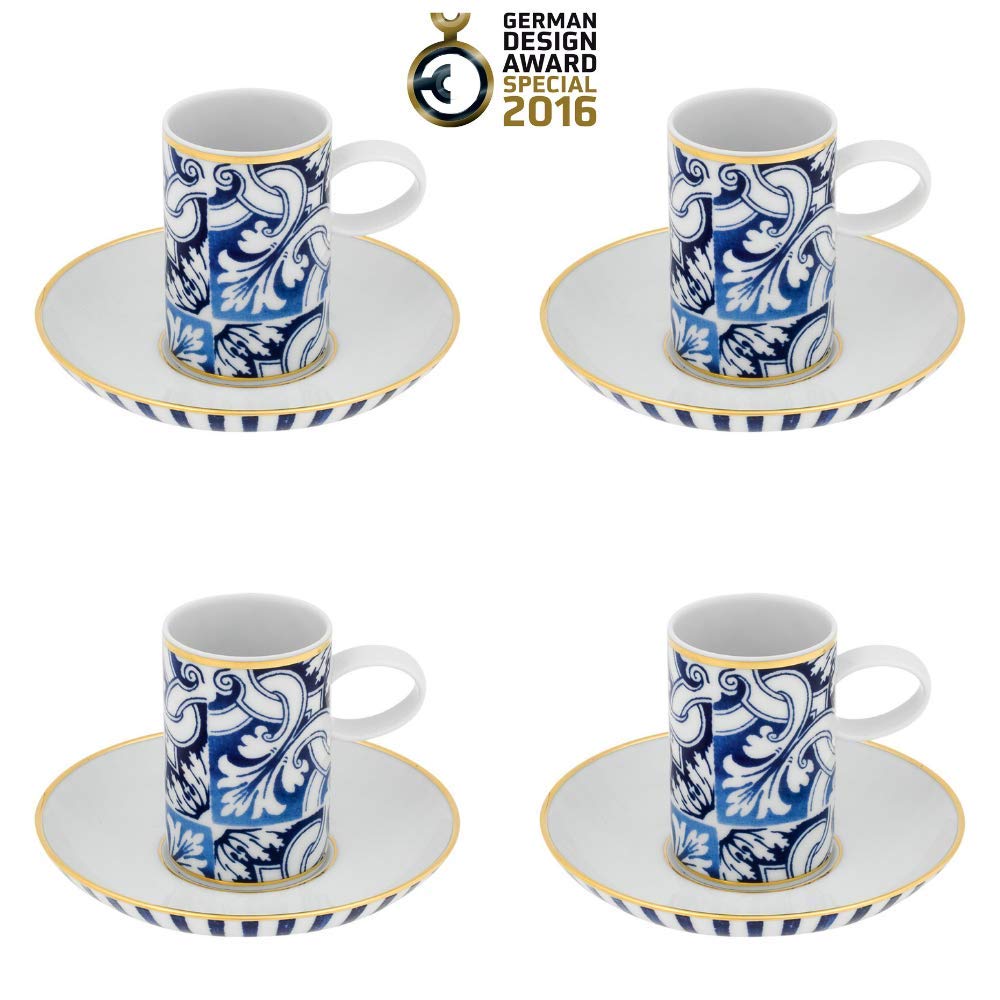 Vista Alegre Porcelain Transatlântica Coffee Cup and Saucer Set - 4 Piece Elegant Bone China Tea Cup Set for Afternoon Tea, Coffee Break, and Home Decor
