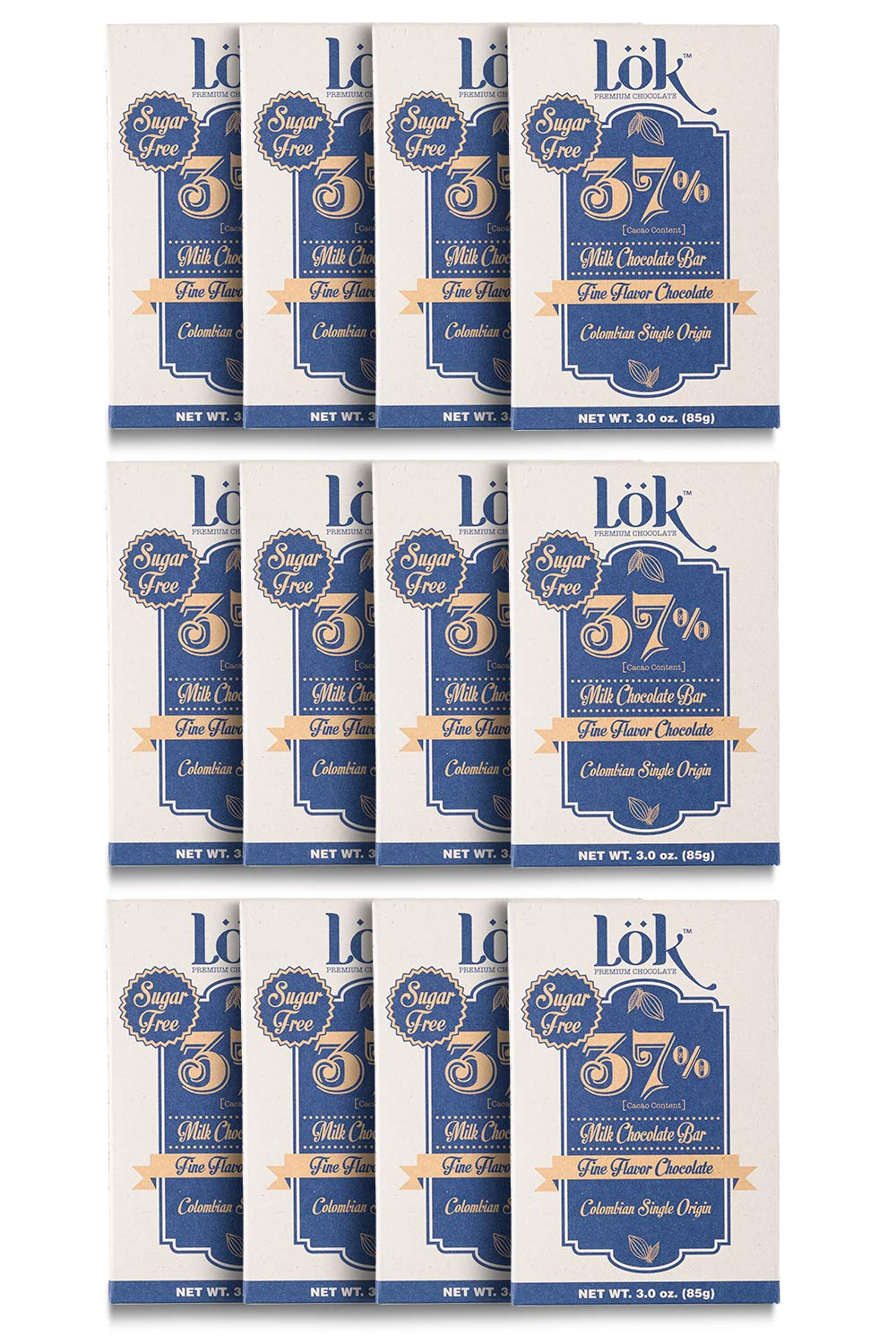 Premium Lok Milk Chocolate Bar 37% Cacao | Fair Trade, Kosher, Gluten Free, Bean-to-Bar, Sugar-Free | 3.0 Ounce (12 Pack) | Perfect for Gifts, Baking & Healthy Snacking