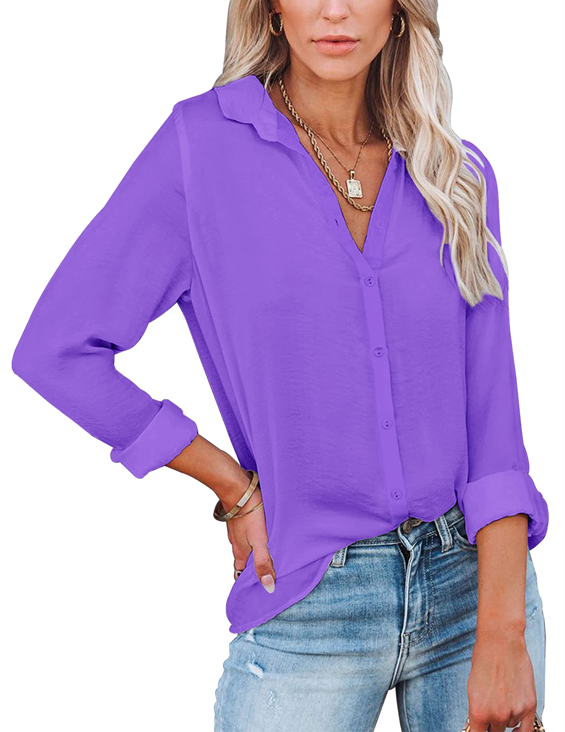 Diosun Women's Button Down V-Neck Shirts - Long & Short Sleeve Office Casual Blouses - Business Tops for Work, Meetings & Everyday Wear