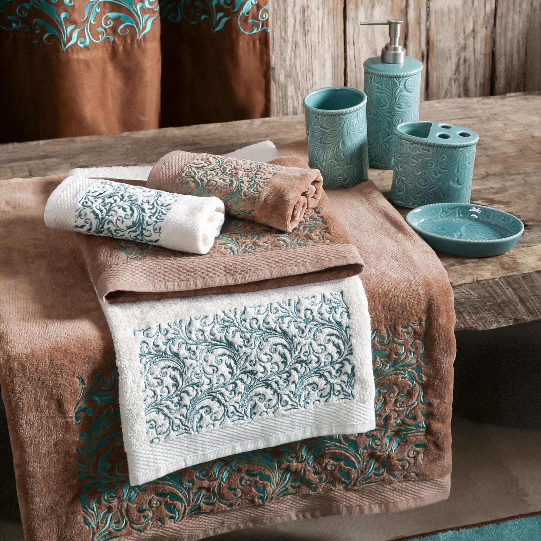 Wyatt Mocha Turquoise Scroll Bath Towels Set of 3 - Soft Absorbent Cotton Towels for Bathroom, Spa & Beach - Perfect Luxury Gift for Home Decor