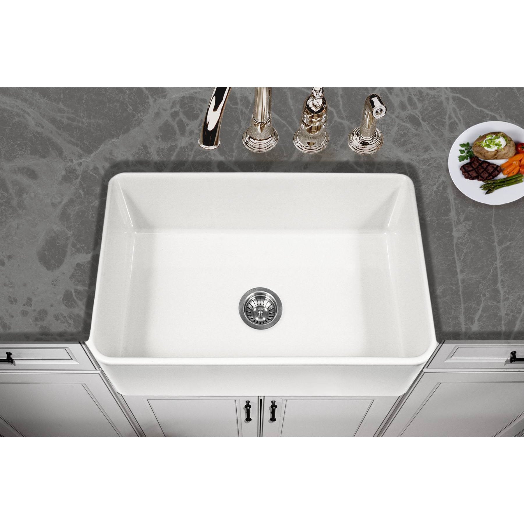 Houzer PTS 4100 Platus Series 30 Inch Apron Front Fireclay Single Bowl Kitchen Sink - Durable Farmhouse Sink for Modern & Rustic Kitchens, Perfect for Cooking & Entertaining