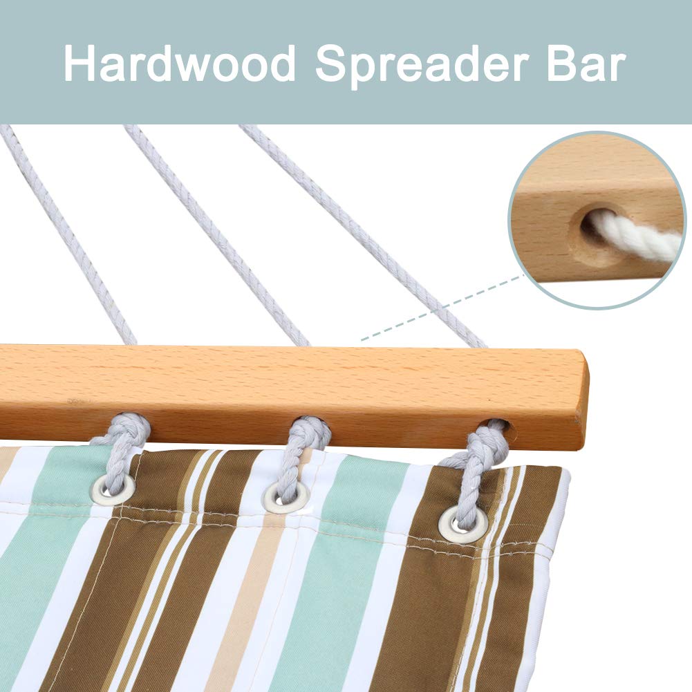 Quilted Fabric Double Hammock with Pillow - Heavy Duty Hardwood Spreader Bar - Outdoor Hammock for Adults 450lb Capacity - Perfect for Patio, Garden, Yard, Pool & Beach Relaxation - Blue/Brown