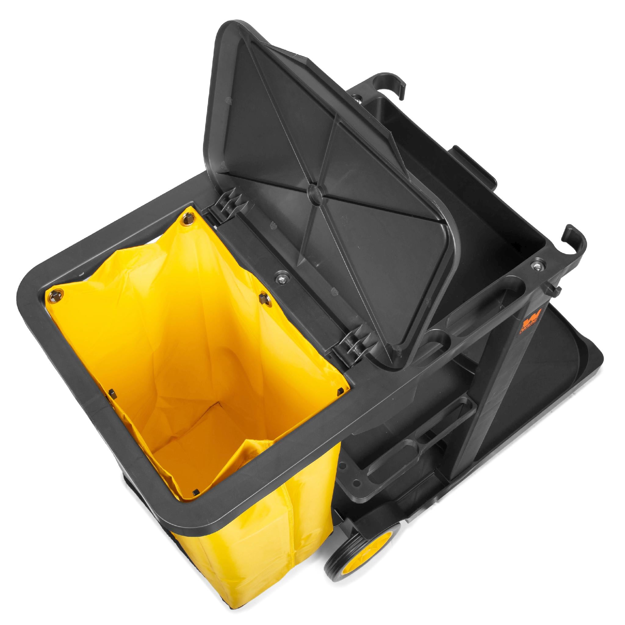 WEN 73033 Commercial Janitorial Cart with 3 Heavy-Duty Shelves & 25 Gallon Vinyl Trash Bag - Ideal for Office Cleaning, Hotel Housekeeping & School Maintenance