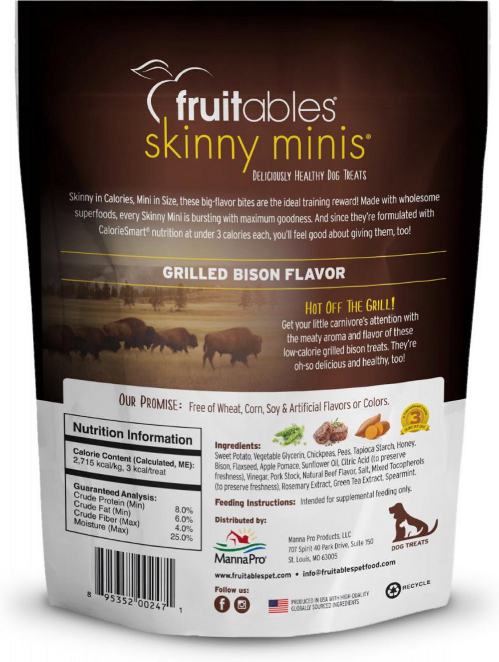 Fruitables Skinny Minis Grilled Bison Flavor Soft & Chewy Dog Treats - Low Calorie Natural Snacks for Small & Medium Dogs - Perfect for Training, Rewards & On-the-Go Treats