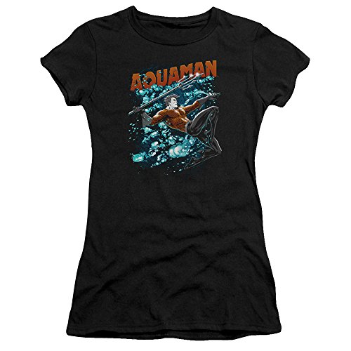 Trevco JLA Aqua Bubbles Juniors' Sheer Fitted T-Shirt | Superhero Graphic Tee for Girls | Casual Wear, Cosplay & Comic Con Outfits