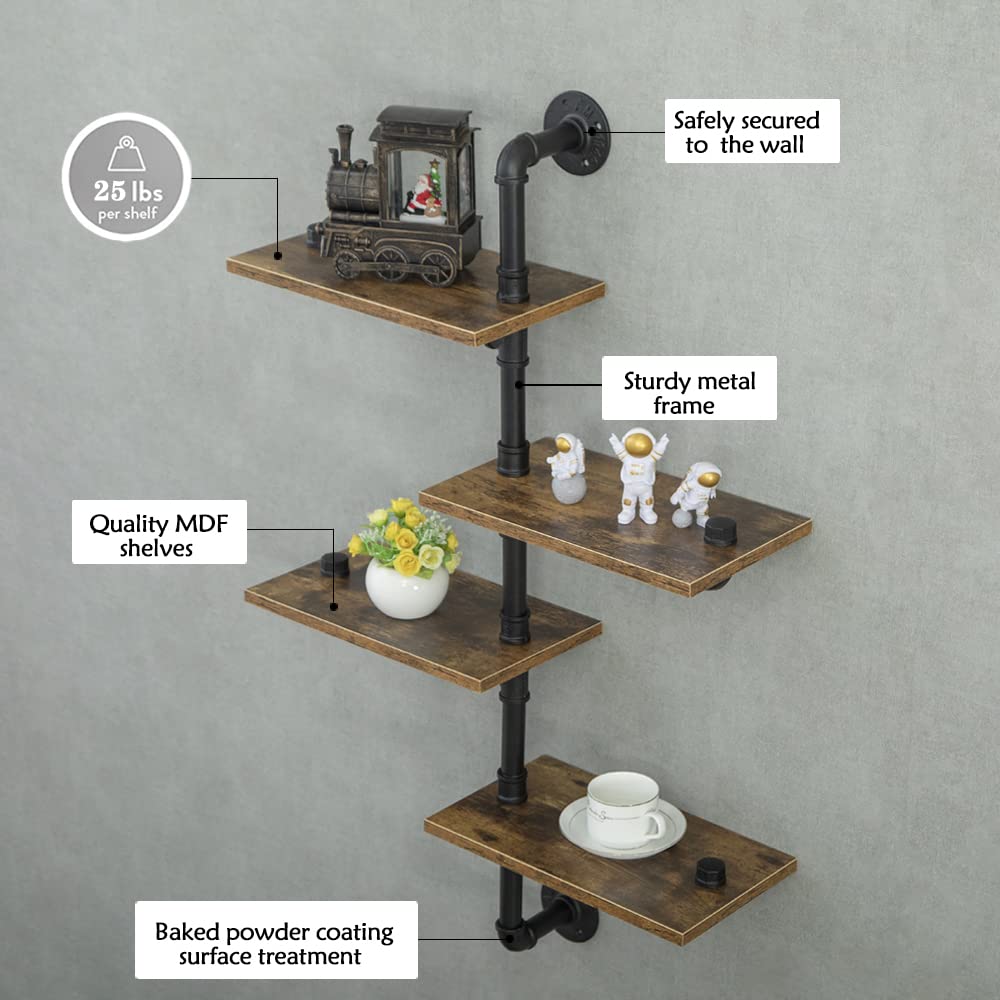 Industrial Pipe Shelving Kit with Wood Planks - Wall Mounted Floating Shelves for Kitchen, Bar, Living Room & Office - Rustic Corner Shelf for Home Decor & Storage