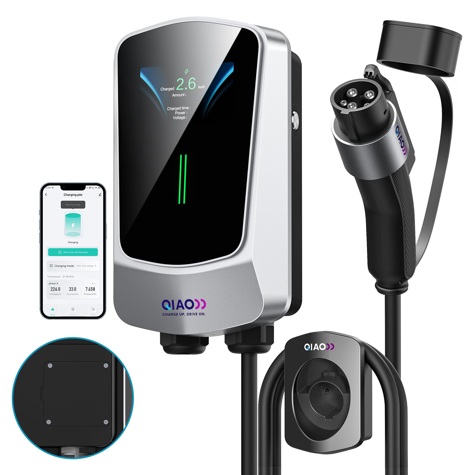 QIAO Level 2 EV Charger 48A Hardwired Electric Vehicle Charging Station with Wi-Fi & Bluetooth APP, 4.3in Display & 25ft Cable - SAE J1772 Compatible for Tesla, Nissan Leaf, Chevy Bolt (White) - Perfect for Home & Commercial Charging Stations