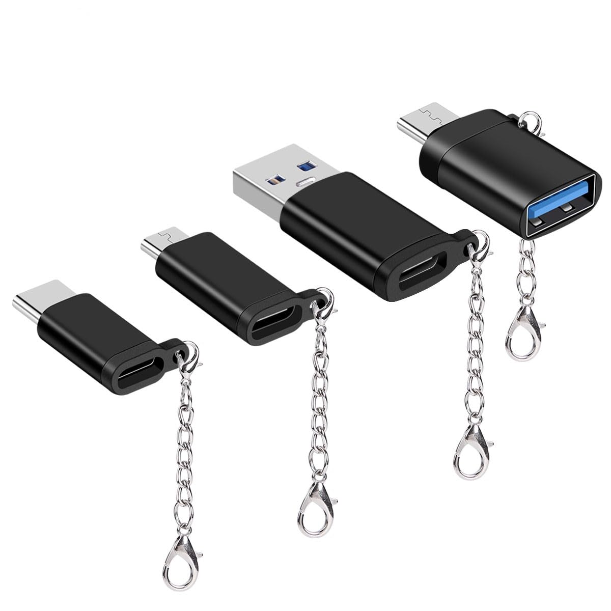 4-Pack USB C Adapter Set - Micro USB to USB C, USB C to USB-A, USB C Converter & OTG Adapter - Compatible with Huawei Mate, Samsung Galaxy, LG Phones - Portable Keychain Design for Travel, Office & Home Charging