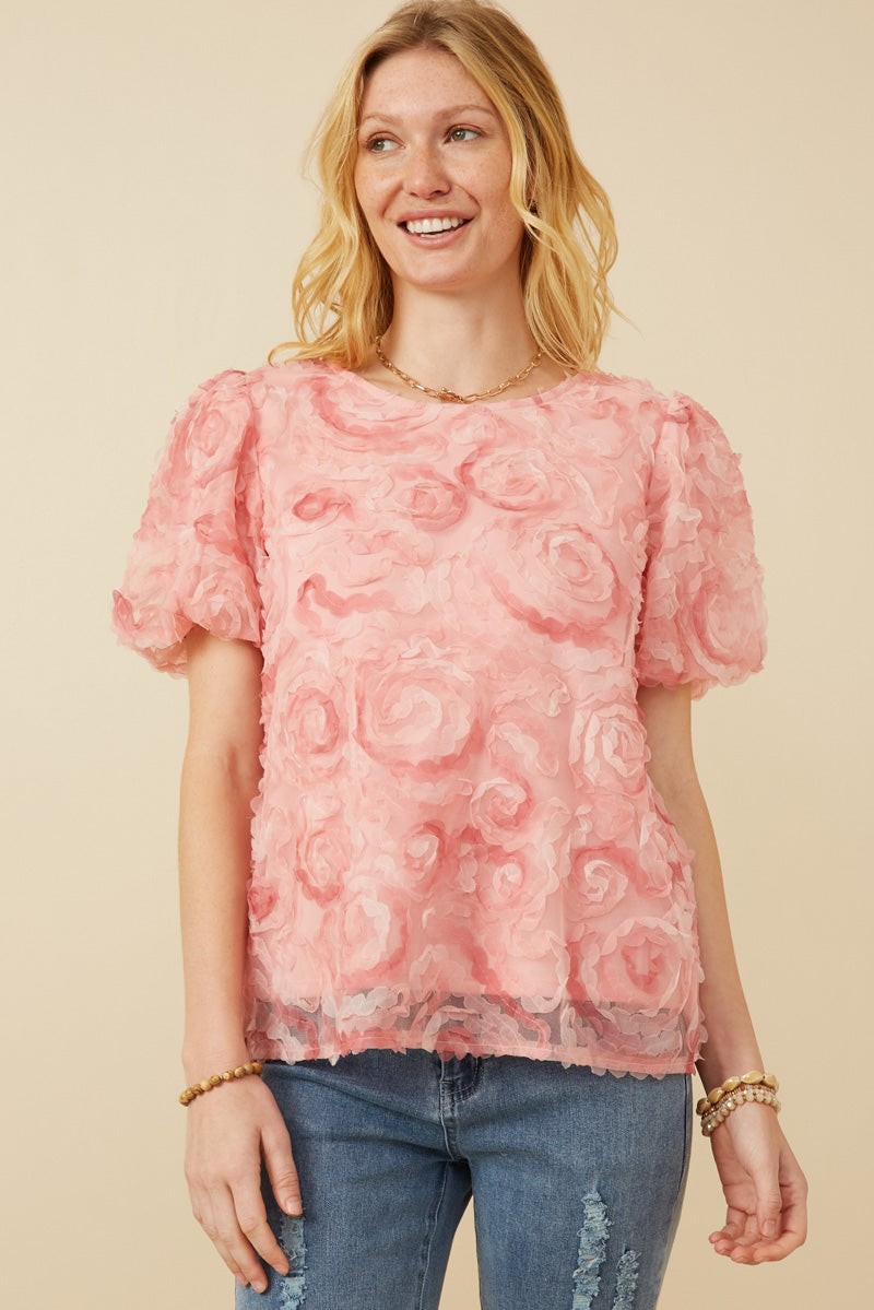 Women's Floral Textured Puff Sleeve Organza Blouse - Elegant Spring Summer Tops for Casual Outings, Date Nights & Office Wear