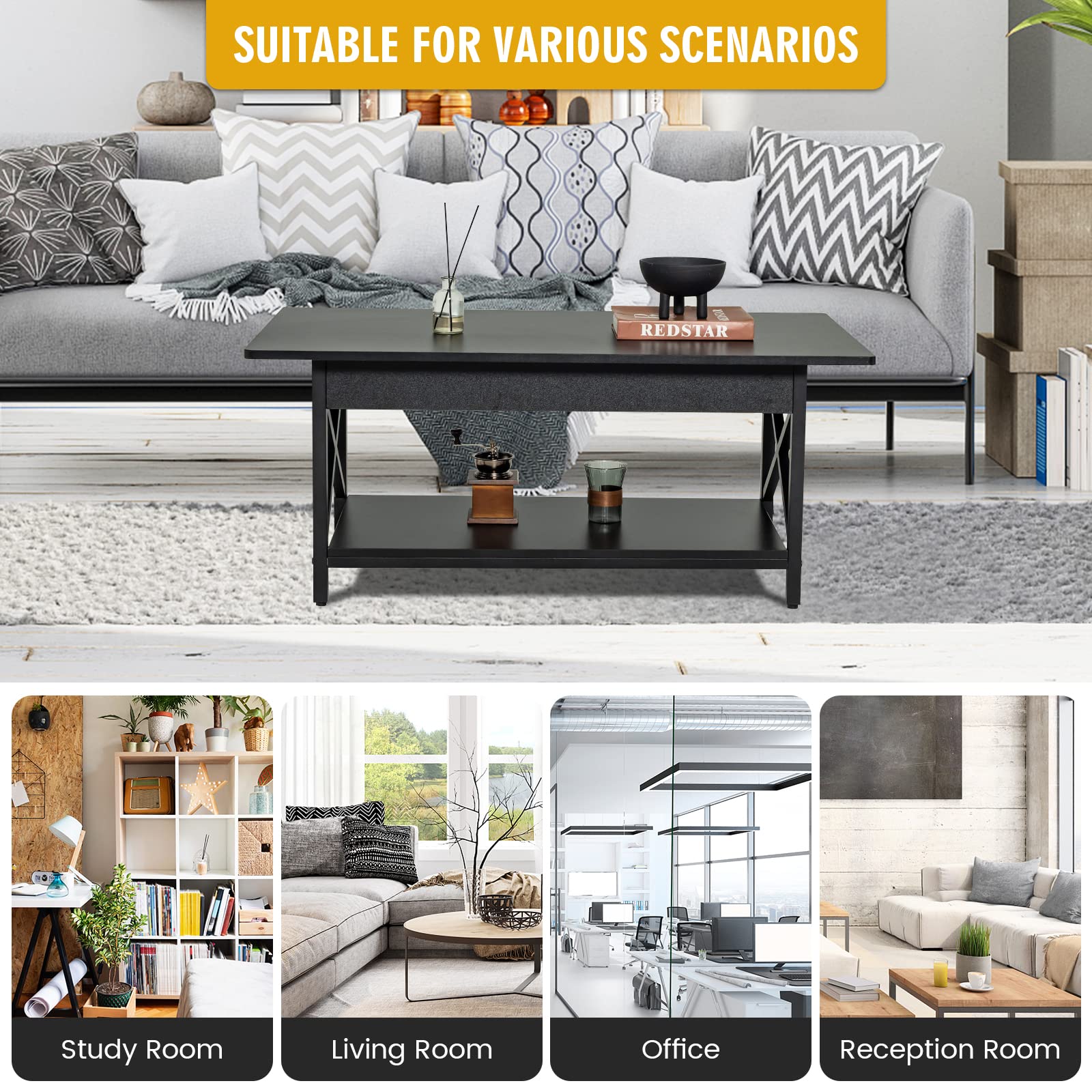 COSTWAY 2-Tier Industrial Coffee Table with Storage Shelf - X-Shape Steel Frame & Wood Top - Rectangle Sofa Side Table for Living Room, Home Office - Black | Perfect for Small Spaces, Coffee Shops & Modern Home Decor