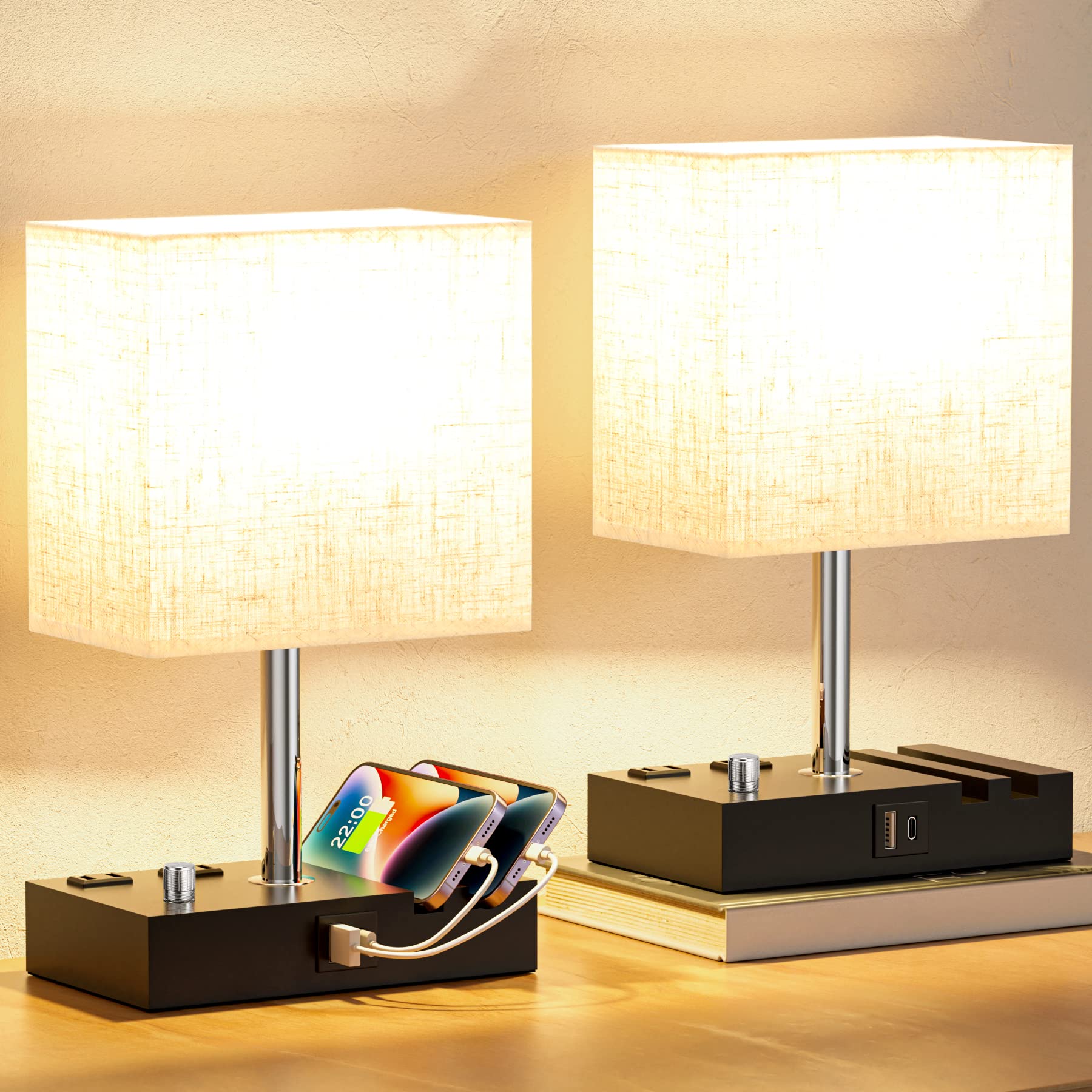 Kakanuo Set of 2 Dimmable Bedside Lamps with USB C Port & Charging Outlets - Beige Wooden Nightstand Lamps with LED Bulbs & Phone Stand for Bedroom, Living Room | Perfect for Reading, Charging Devices & Creating Cozy Ambience