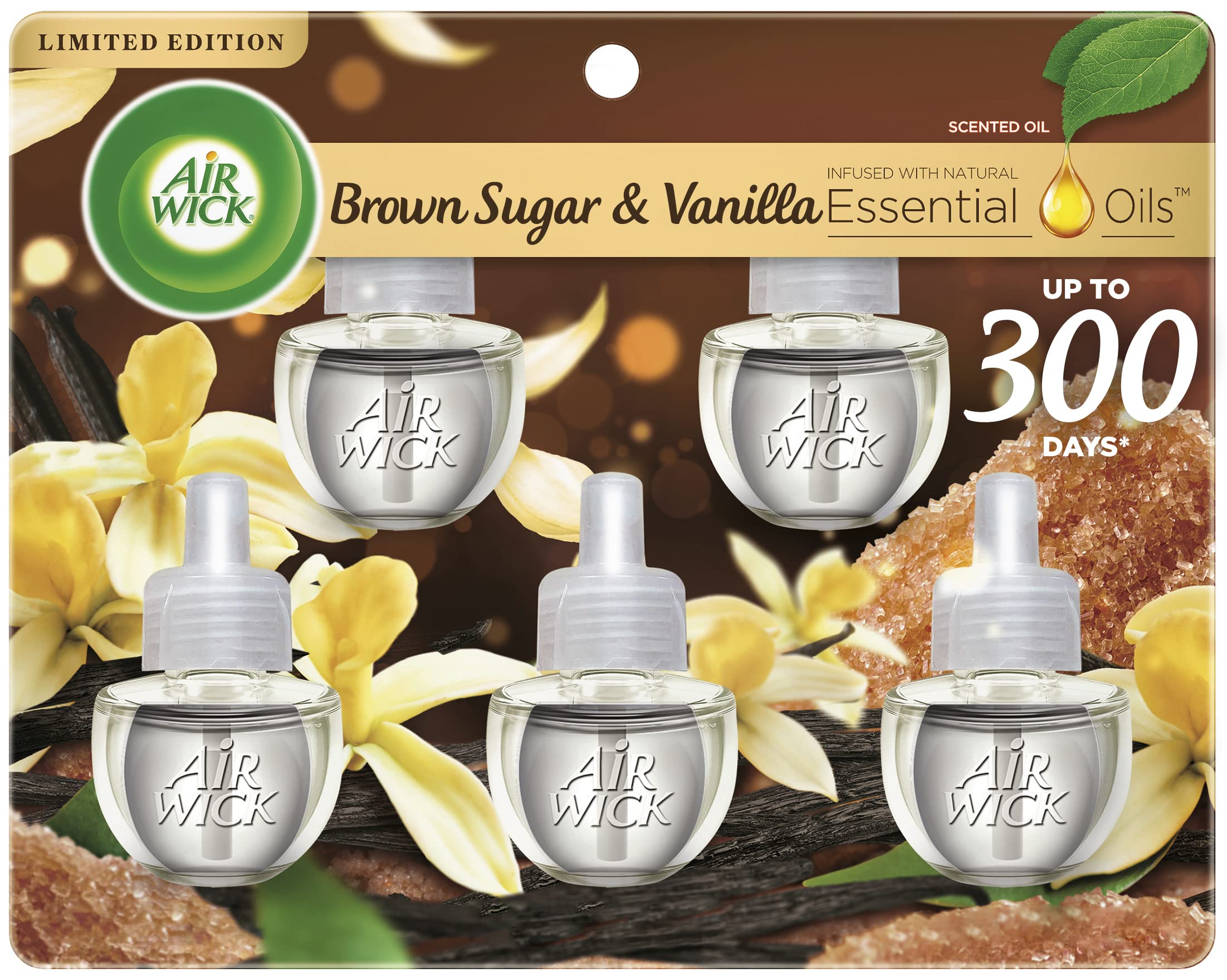Air Wick Plug in Scented Oil Refills - 5 Pack Brown Sugar Vanilla Fall Fragrance (0.67 Fl Oz Each) | Essential Oil Air Freshener for Home, Office & Bathroom | Cozy Autumn Aroma for Relaxation